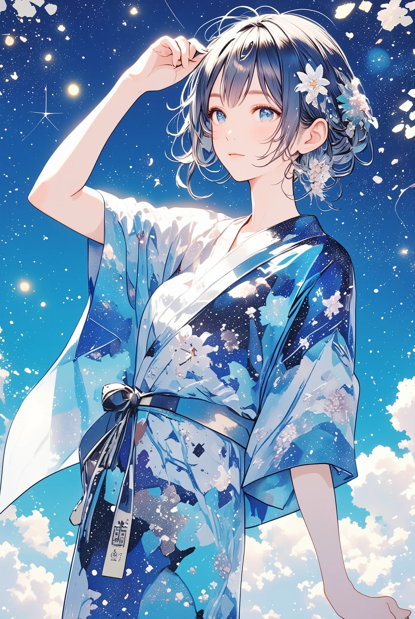 Royal milk tea scent, cute illustration, drawstring bag, a casual cotton kimono, A lady with beautiful hands, obi belt, fireworks, beautiful art, Universe, Firefly light, beautiful lady, In the clear air, points and lines, The pattern of the yukata gives a scientific, impression, Erroll Louis Garner's music in the background, variety of patterns, Lady in yukata, hair ornament, shadow blue illustration, cerulean blue illustration, egyptian blue illustration, yukata, Physical, summer season, Illustration with capri blue as the main color, Geometric pattern, Stylish geta, lily, intersection