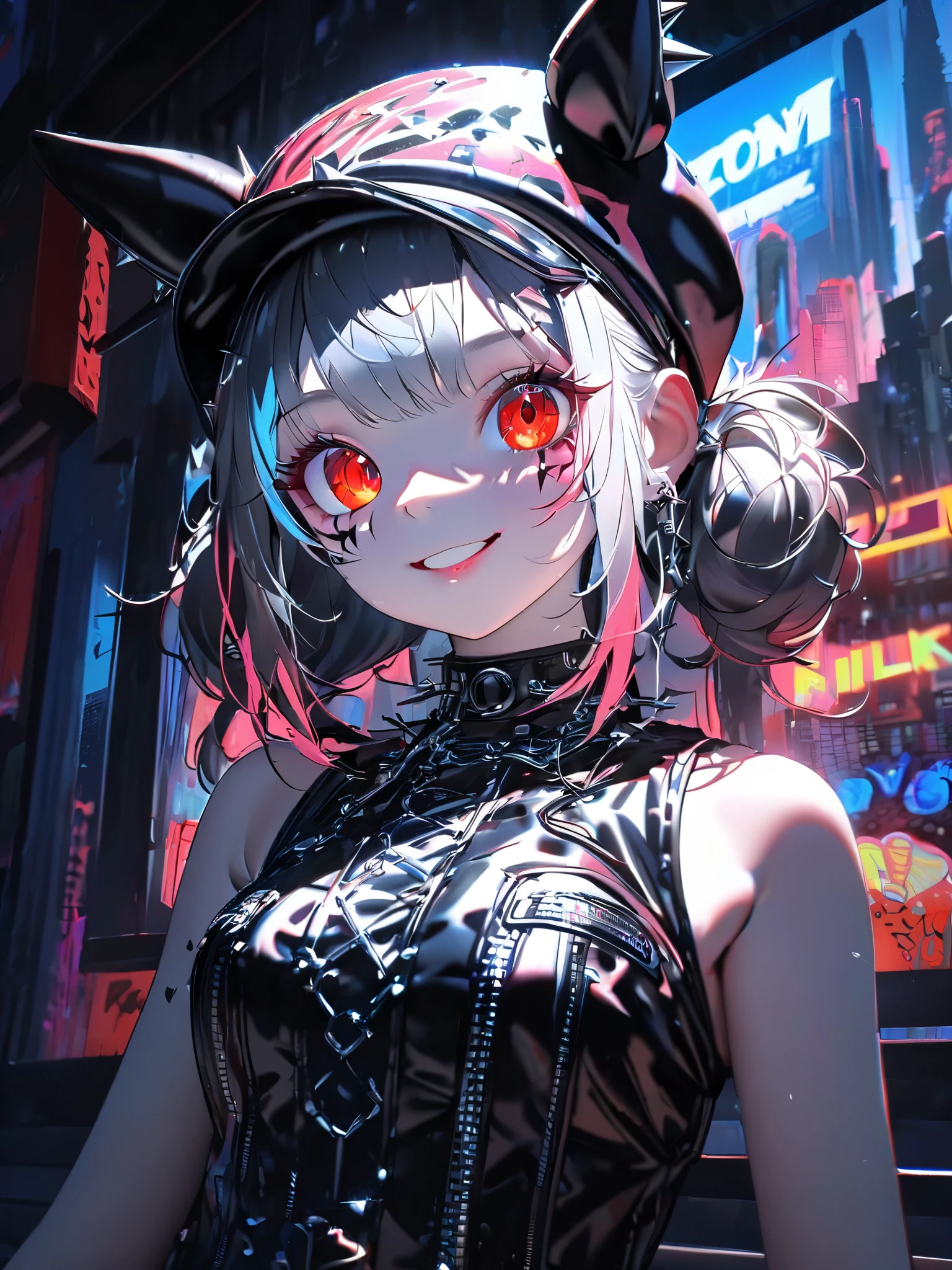 Anime girl with red eyes and a cat ears in a black outfit - SeaArt AI