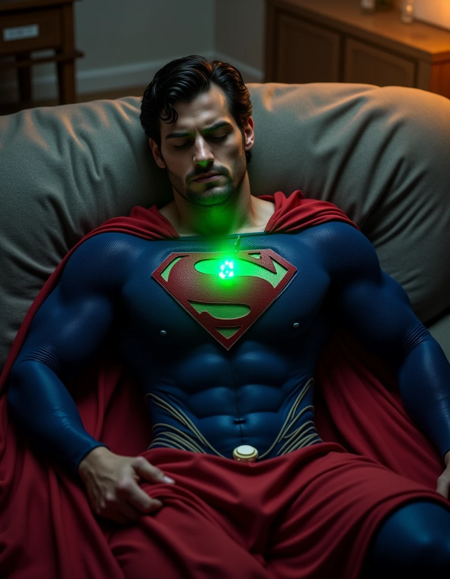 hamanv1,  wearing a blue Superman costume, Superman suit, His chest displays the iconic "S" symbol. Superman's traditional red cape is present, attached to the shoulder and flowing behind him, lies on a sofa at home, pained facial expression, almost unconscious, eyes closed, a glowing emerald green crystal pendant hanging around his neck,