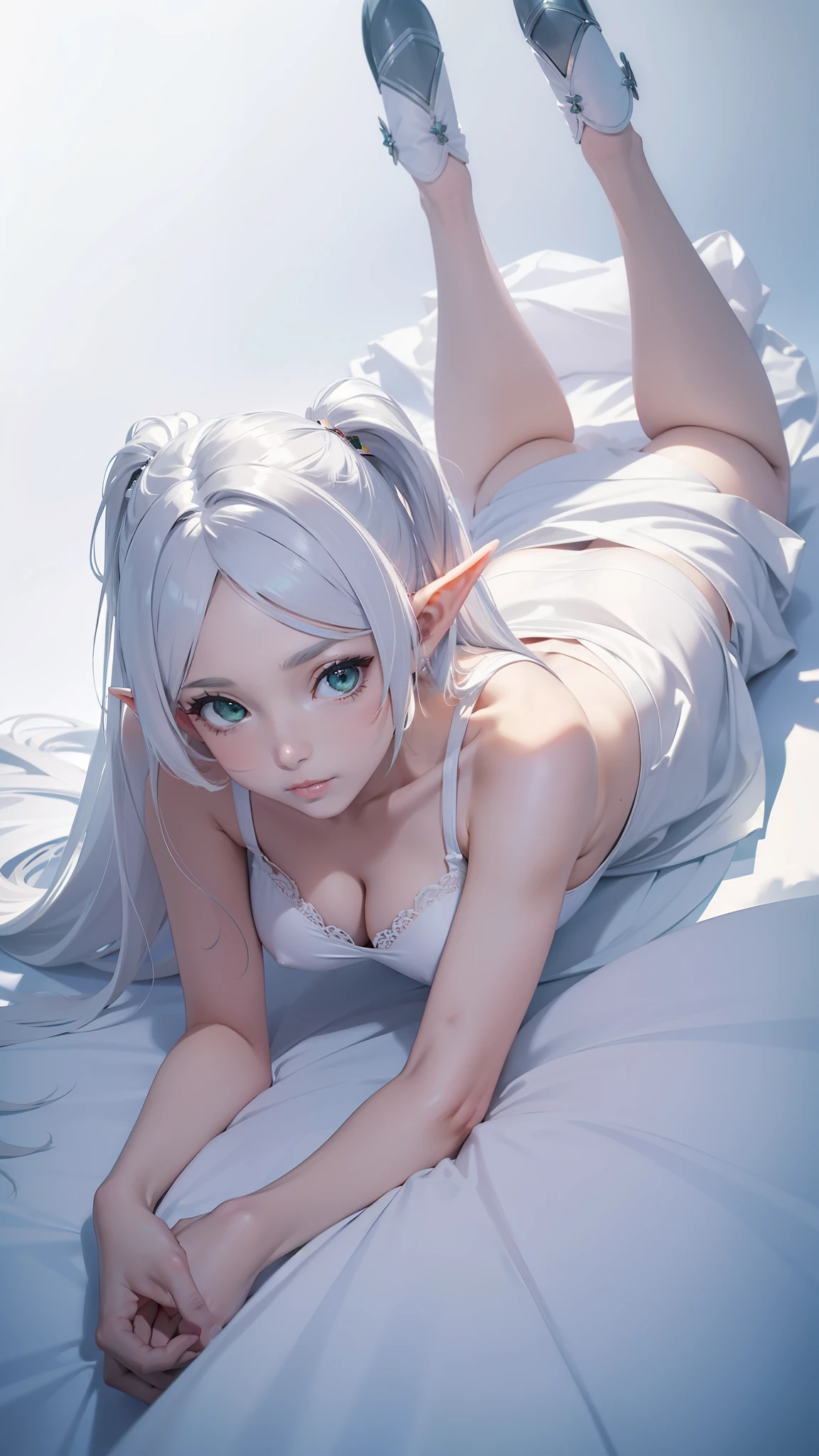 Create a high-quality, detailed image of a beautiful anime gamer girl with tattoos, long silver hair, and small elf ears, sitting at her gaming PC in her bedroom. She is wearing a see-through tank top, barely showing her nipples, with her legs open, revealing her panties and midriff, highlighting her stunning curves. The warm, inviting scene includes soft ambient lighting and comfortable seating. The bedroom is illuminated by a small lamp, creating a serene and intimate atmosphere. Ensure the room has cozy elements like a bed with plush pillows and blankets, posters on the walls, and a few gaming accessories scattered around to enhance the ambiance.