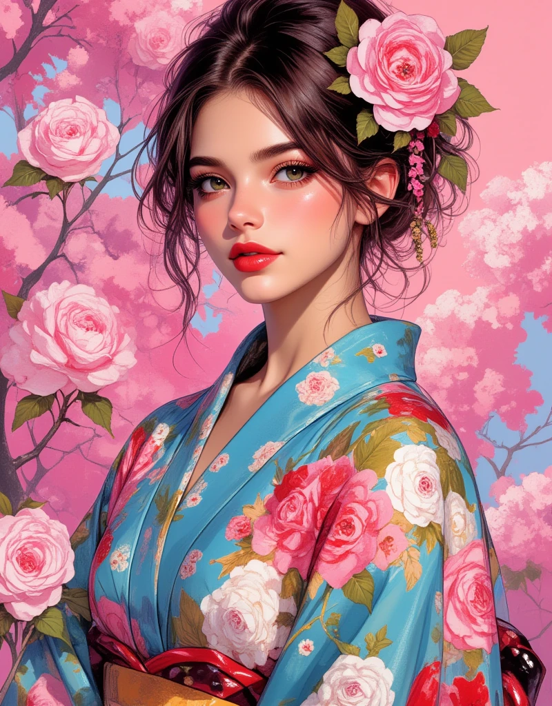 Woman wearing a Japanese yukata. Nouveau Realism, Chillwave, Groovy retro vibes, Girl Portrait and Flowers, Roses and Camellias - Gorgeous Edition, Future Girlfriend, retro futuristic, flat Illustration, Electro Madness, Groovy retro vibes, Cross-hatched gradient, feminine art, Artwork made by Frédéric Boilet. ArsMJStyle, Oil Pastels, drawing, Nostalgia elements, Comic book style, experimental design. zavy-dtlnm