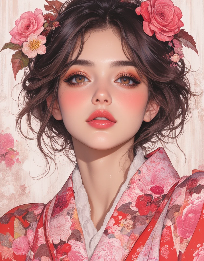 Woman wearing a Japanese yukata. Nouveau Realism, Chillwave, Groovy retro vibes, Girl Portrait and Flowers, Roses and Camellias - Gorgeous Edition, Future Girlfriend, retro futuristic, flat Illustration, Electro Madness, Groovy retro vibes, Cross-hatched gradient, feminine art, Artwork made by Frédéric Boilet. ArsMJStyle, Oil Pastels, drawing, Nostalgia elements, Comic book style, experimental design. zavy-dtlnm