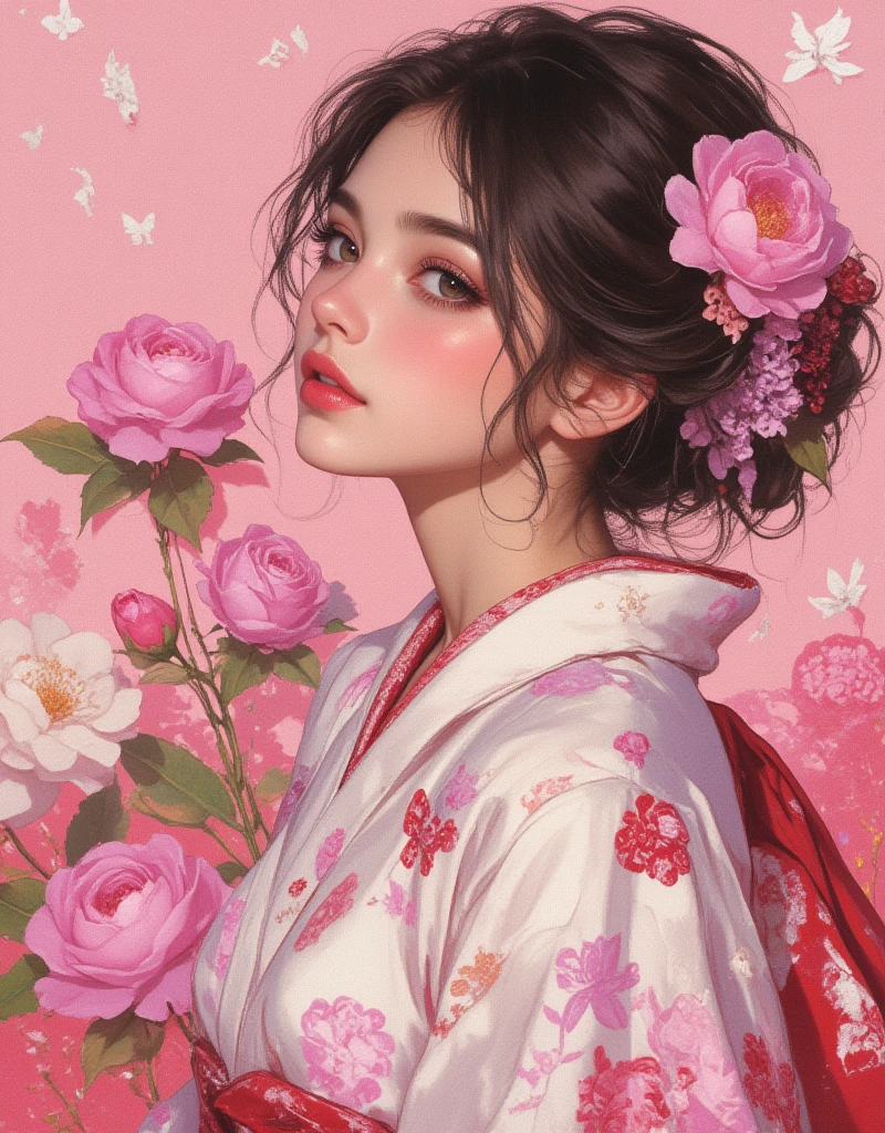 Woman wearing a Japanese yukata. Nouveau Realism, Chillwave, Groovy retro vibes, Girl Portrait and Flowers, Roses and Camellias - Gorgeous Edition, Future Girlfriend, retro futuristic, flat Illustration, Electro Madness, Groovy retro vibes, Cross-hatched gradient, feminine art, Artwork made by Frédéric Boilet. ArsMJStyle, Oil Pastels, drawing, Nostalgia elements, Comic book style, experimental design. zavy-dtlnm