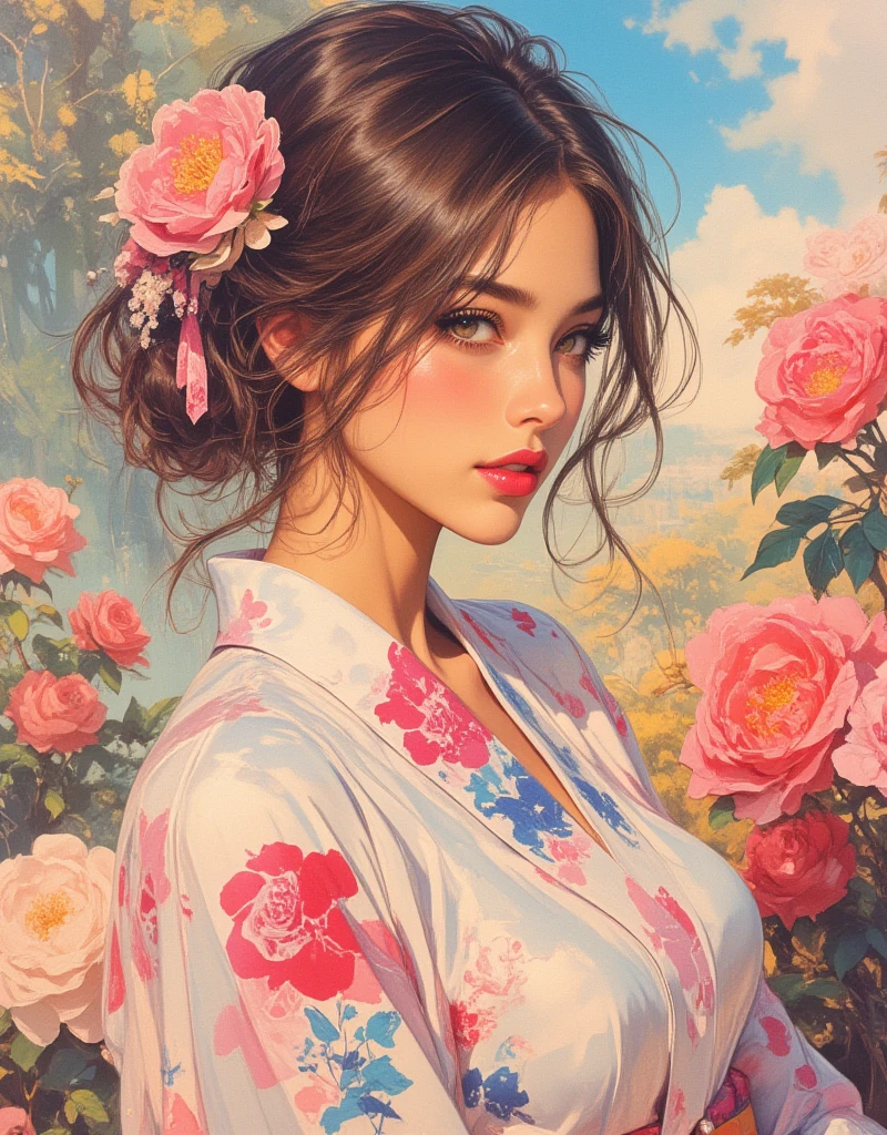 Woman wearing a Japanese yukata. Nouveau Realism, Chillwave, Groovy retro vibes, Girl Portrait and Flowers, Roses and Camellias - Gorgeous Edition, Future Girlfriend, retro futuristic, flat Illustration, Electro Madness, Groovy retro vibes, Cross-hatched gradient, feminine art, Artwork made by Frédéric Boilet. ArsMJStyle, Oil Pastels, drawing, Nostalgia elements, Comic book style, experimental design. zavy-dtlnm