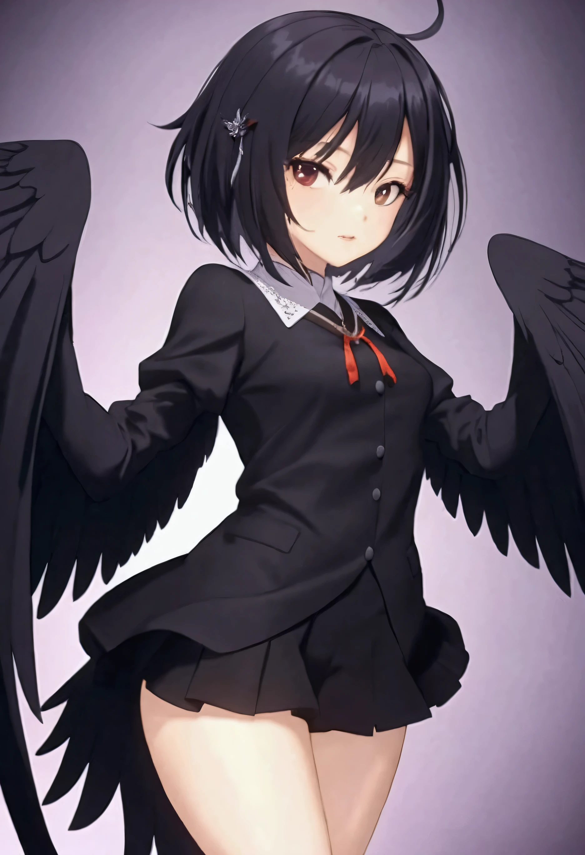 ((masterpiece)),((highest quality)),((Anatomical)),((Realistic)),((Detailed Description)),((cute)),((女の子のcute部屋)),(((fallen Angel))),((Beautiful eyes)),(()),((Petite)),((Bewitching Smile)),((Jet-black wings)),((Sailor suit)),((skirt)),