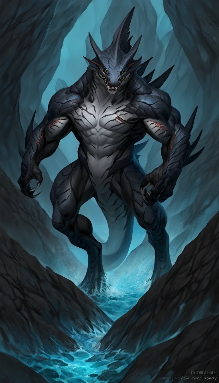 sharkfolk, anthro shark, solo, machina, scaly, detailed skin, experienced predator, monster, grin, gray body, black arms, matte body, toned, muscular anthro, big muscles, scars on body, 1male solo, anthro, muscular, thick neck, thick tail, strong arms and legs, sharp fins, pants, marked jaw, shark snout, water cave scenery, horror, best quality, 4k, ultra-detailed, by laobai, by taran fiddler, by honovy, mecha corrupted, ready to jump