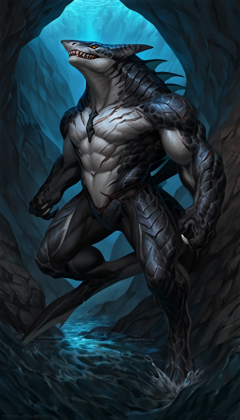 sharkfolk, anthro shark, solo, machina, scaly, detailed skin, experienced predator, monster, grin, gray body, black arms, matte body, toned, muscular anthro, big muscles, scars on body, 1male solo, anthro, muscular, thick neck, thick tail, strong arms and legs, sharp fins, pants, marked jaw, shark snout, water cave scenery, horror, best quality, 4k, ultra-detailed, by laobai, by taran fiddler, by honovy, mecha corrupted, ready to jump