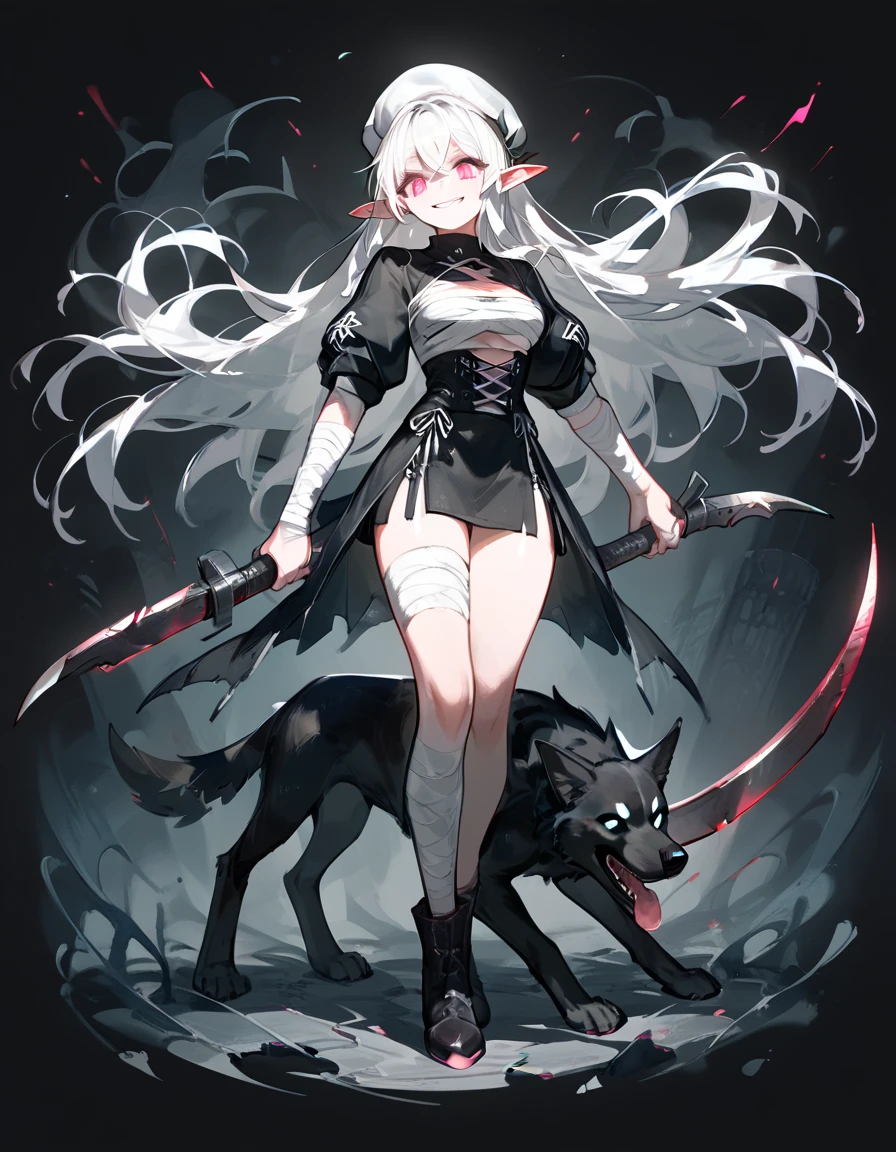 Elf Girl,White hair,In pink eyes ,canine, bandages on the chest ,Scary smile,, a full-length bandage., put on a tall white hat ,Holding a black giant sickle,With a black dog 