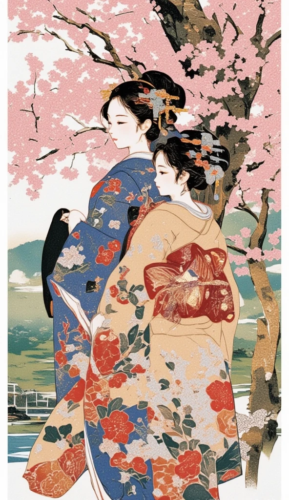 A collage art of women in yukata. The backdrop of a scenic sakura forest in Japan inside the woman's silhouette. Background of japanese sakura design patterns.