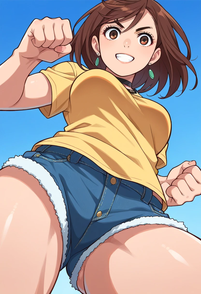 score_9, score_8_above,score_7_above, source_anime, 1 , Alone, aysmm  ,   medium breasts,   brown hair ,   brown-eyed  , medium hair, Black necklace, (Wears a yellow V-neck shirt and tight denim shorts), highly detailed,   thick thighs  , beautiful legs,  blue sky, to smile,  fighting posture,fighting pose,  from below, Serious