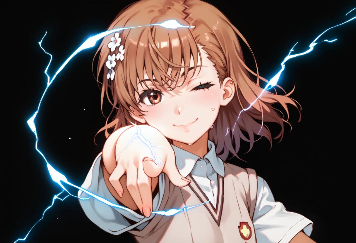 misaka mikoto,1girl,solo,tokiwadai school uniform,sweater vest,school uniform,hair ornament,short hair,hair flower, upper body,shirt,flower,score_9, score_8_up, score_7_up, ,perfect hands, perfect finger,perfect anatomy, masterpiece, best quality,realistic, hyperrealistic, 16k hdr,1 mature female,black background,sweat,(pointing electricity:1.2), facing viewer, looking at the viewer, electricity, electrokinesis,(serious,smile,wink:1.2),(strong wind:1.3),(tilt head:1.5),(aura:1.5)