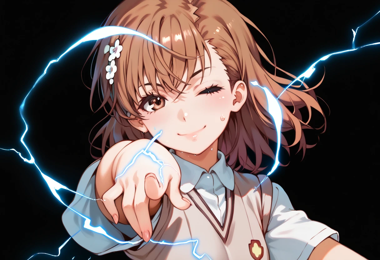 misaka mikoto,1girl,solo,tokiwadai school uniform,sweater vest,school uniform,hair ornament,short hair,hair flower, upper body,shirt,flower,score_9, score_8_up, score_7_up, ,perfect hands, perfect finger,perfect anatomy, masterpiece, best quality,realistic, hyperrealistic, 16k hdr,1 mature female,black background,sweat,(pointing electricity:1.2), facing viewer, looking at the viewer, electricity, electrokinesis,(serious,smile,wink:1.2),(strong wind:1.3),(tilt head:1.5),(aura:1.5)