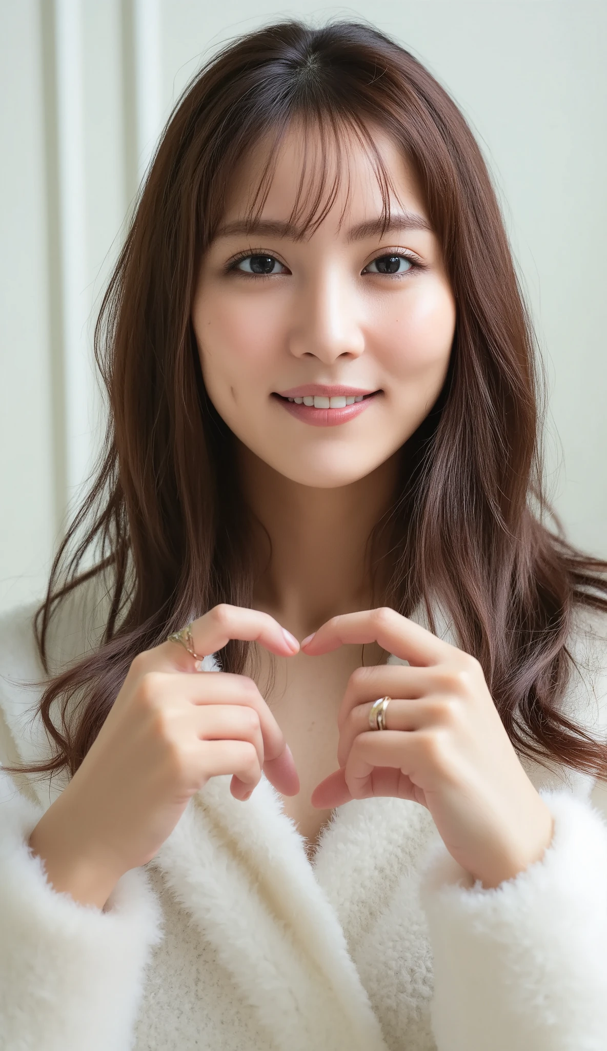  high definition 、 1 woman with a cute smile、 Wear fluffy off-the-shoulder pajamas and make a big heart in front of your chest with your own hands, Photo Mapping、Physically based rendering、 high image quality、 high definition 、1080P、 rich details 、( Stunning Features :1.35)、( detail eyes)、Delicate clavicle、 Various Poses、 A very realistic and detailed upper body portrait of a young woman。The skin is beautiful、 soft light reflecting high on her cheeks .、 Tiny pores and hair follicles、 You can see even the thinnest blood vessels 。The skin is smooth、natural flushing of cheeks 、Healthy glow。 The eyes are large and clear blue、Her iris has fine patterning、 Light is reflecting and shining in the eye。 There is a slight shadow under her eye 、 Her eyelashes are long and naturally curled。 her lips are soft pink 、Smooth texture with a natural glow、 Slightly reflects light。  background is pale black and white gradation .、 The focus is entirely on the face and upper body。 Realistic shadows and textures、 picture-like depiction.。
