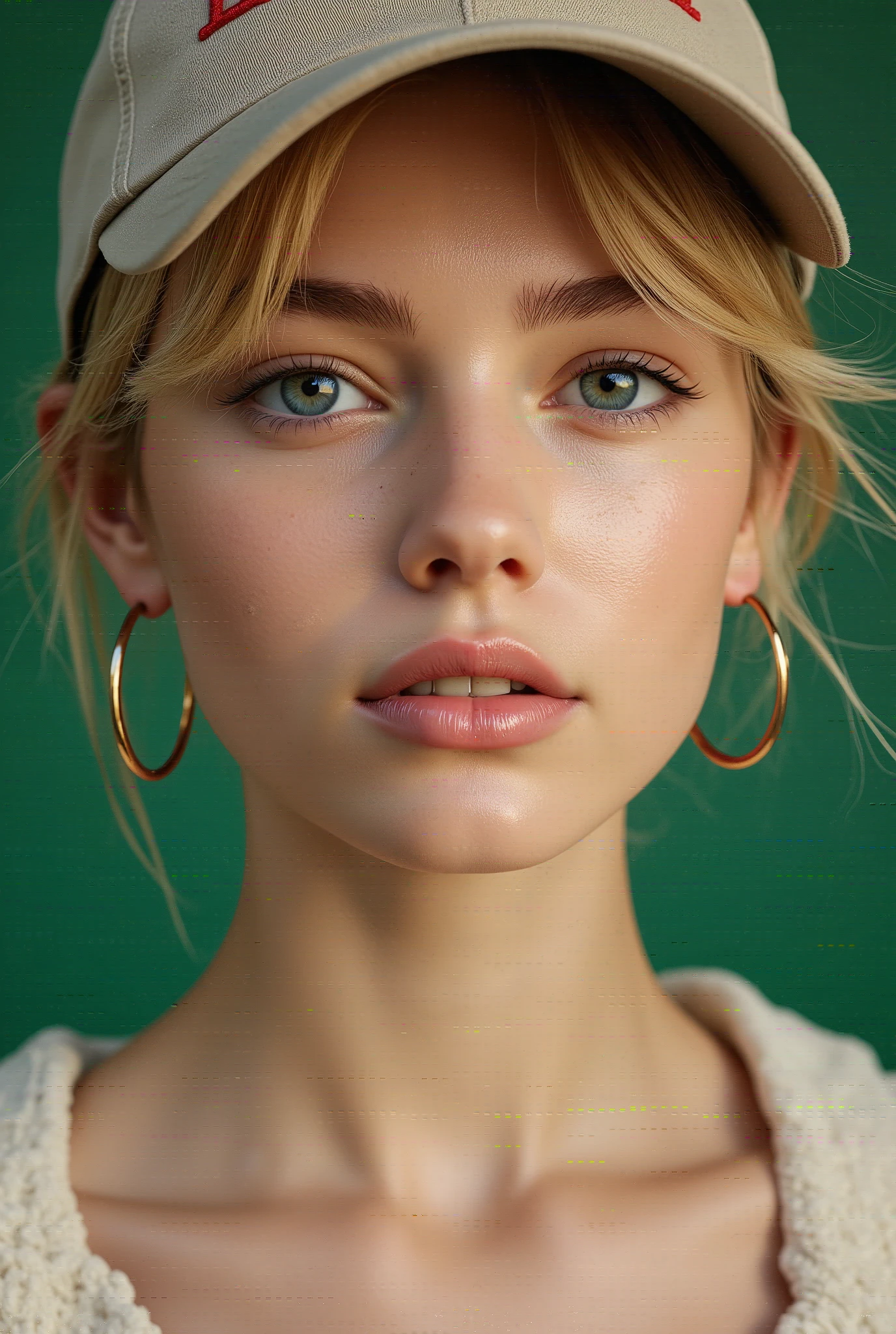 a beautiful young girl with aqua blue eyes, short blonde hair wearing a baseball cap, hoop earrings, and a yellow shirt, looking directly at the viewer, set against a simple green background, (best quality,4k,8k,highres,masterpiece:1.2),ultra-detailed,(realistic,photorealistic,photo-realistic:1.37),portrait,studio lighting,vivid colors,extremely detailed eyes and face,beautiful detailed eyes,beautiful detailed lips,longeyelashes,detailed hair,intricate details