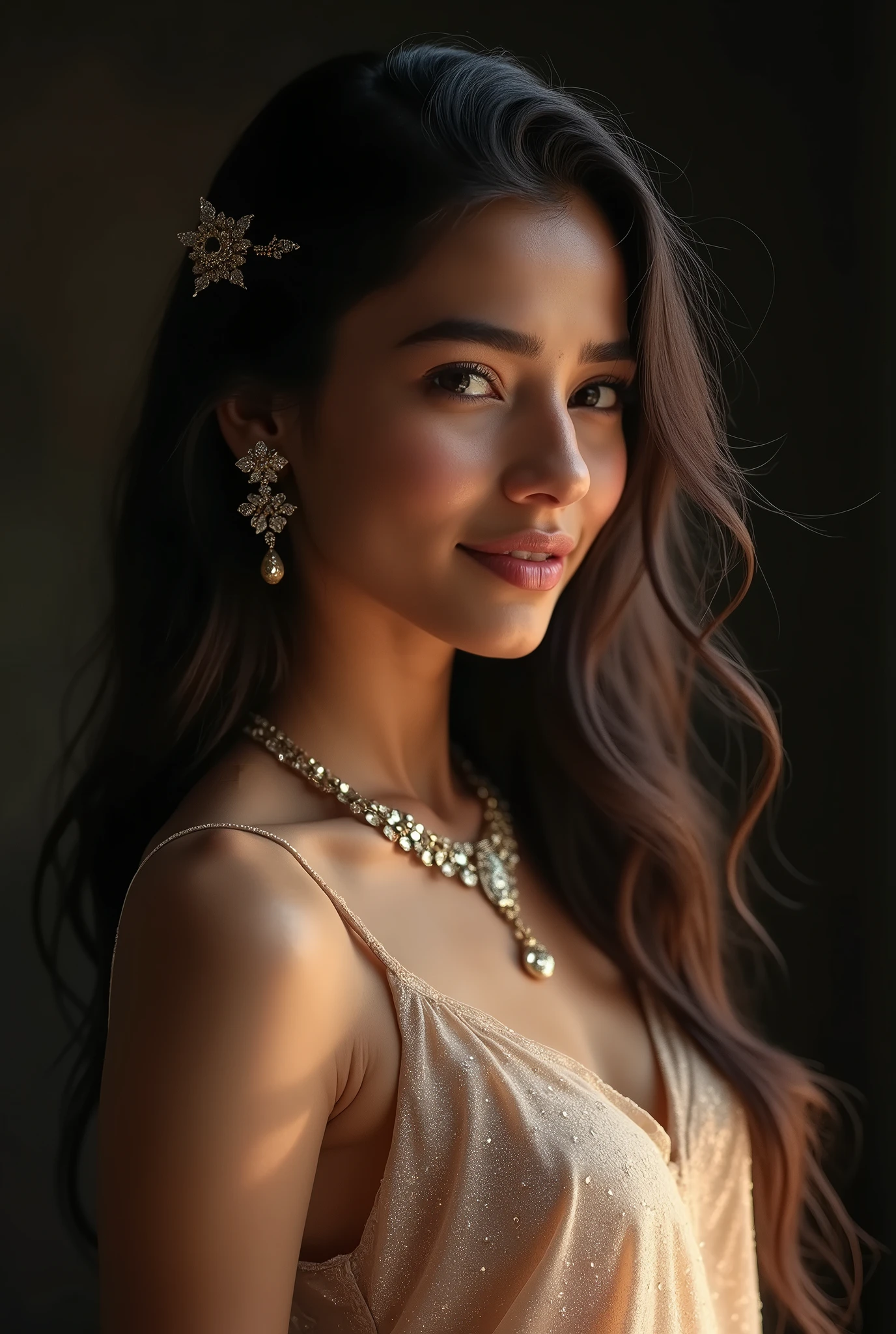 south asian facial features. girl. Should look very beautiful. pretty. Highly detailed and hyper realistic. The skin texture should be highly detailed and extremely accurate. thick black hair and brown eyes. Face must be accurate. Highly detailed face and facial features. Extremely accurate representation of face and facial features. Face should be highly detailed and hyper realistic. Every thing from the body should be extremely perfect and realistic. hyper realistic. Skin texture is natural and realistic. Face is realistic and extremely detailed. Eyes are detailed and accurate. Highly accurate. eyes should be realistic and accurate. hyper detailed. perfect details. realistic proportions. hyper realistic skin texture. smiling. black eyes. eyes are black.