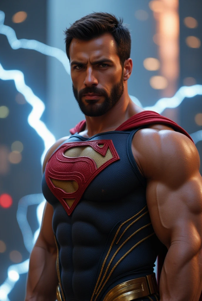 (masterpiece:1.2, Exceptional Quality, Mirror-like, Cinematic Experience, Best illustrations:2.0), Ultra-high resolution, Very detailed, 8k, wallpaper, (Super sexy man:0.5), (Super muscular:2.0), (Zafer:2.0), (Superman:2.0), (Muscular Chest:2.0), (Elegant body:2.0), (Beautiful Eyes, Shining eyes, Detailed face, Short stubble, Beautiful skin texture:1.3, undercut haircut:1.3), (Beautiful male hands:2.0), (Fine hand:2.0), (Flying superhero pose:2.0), (Wearing a Superman suit:2.0), (In the background is a intense electrical discharges:2.0), (Super sexy:2.0), (Very muscular thighs:2.0), (Super functional:2.0), (Cyberpunk:2.0), (SF:2.0), (Visual Effects:2.0), (Upper body close-up:2.0), (dynamic:2.0), (Serious:2.0)