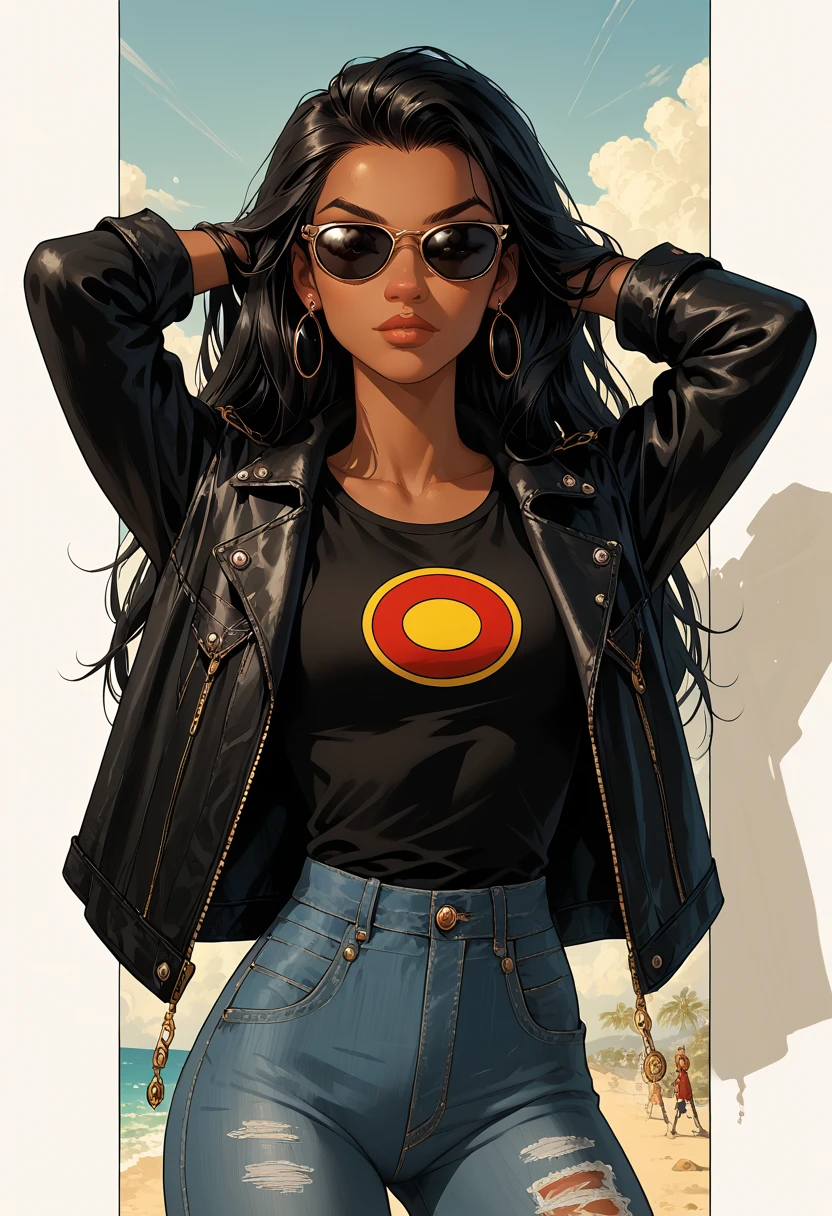 Alone,   long hair, black woman,  1 woman,  dark skin,  long black hair, sunglasses, sunglasses, female focus,   leather jacket,  hands behind your head , denim short, patches, clothes written, Picos, shoulder Picos, not Jim Lee style, In the style of Joe Mad, In the style of Andy Kubert,  art by artgerm ,(zentangled, Mandala, tangled, chaos, disorder, spider webs, entangled:0.6),,, arte de Jim Lee e Andy Kubert,   comic art style, PonyXLV6_Aesthetic Punctuations _pdxl