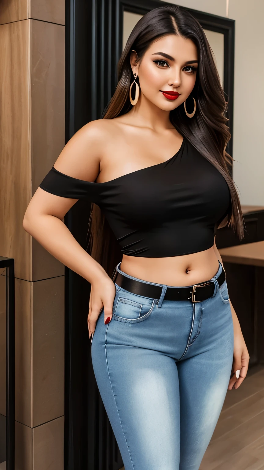 "Create an ultra-realistic image of a modern, attractive female influencer of Indian descent, aged between 27 to 30. She should have a warm and inviting smile, expressive almond-shaped eyes with a slight shimmer, and clear, glowing skin with a medium brown complexion. Her features should be well-defined, with high cheekbones and a sharp jawline. Her hair should be long, thick, and wavy, with a natural shine and bounce, styled in loose waves. She should have a slender yet athletic build, reflecting a healthy and active lifestyle. She is wearing a fitted black half top that highlights her toned figure and blue tight jeans that complement her curves. Her outfit is completed with stylish black heeled sandals that add elegance to her look. She accessorizes with subtle yet chic jewelry, such as small hoop earrings and a few thin bangles. The background should be a vibrant, urban setting, perhaps with city lights or a modern street scene, suggesting a cosmopolitan lifestyle. Her overall appearance should exude confidence, approachability, and sophistication, capturing the essence of a contemporary Indian fashion influencer."