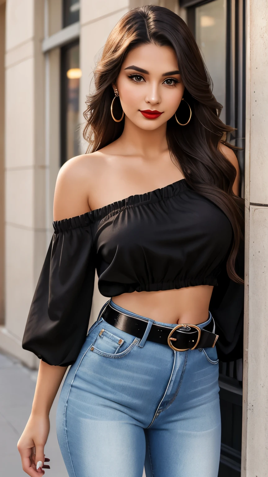 Beautiful 23-year-old girl with straight and long hair in black with brown eyes wearing earrings and red lipstick wearing a short one-shoulder blouse and high-waisted jeans with a belt showing the belly button half chubby
