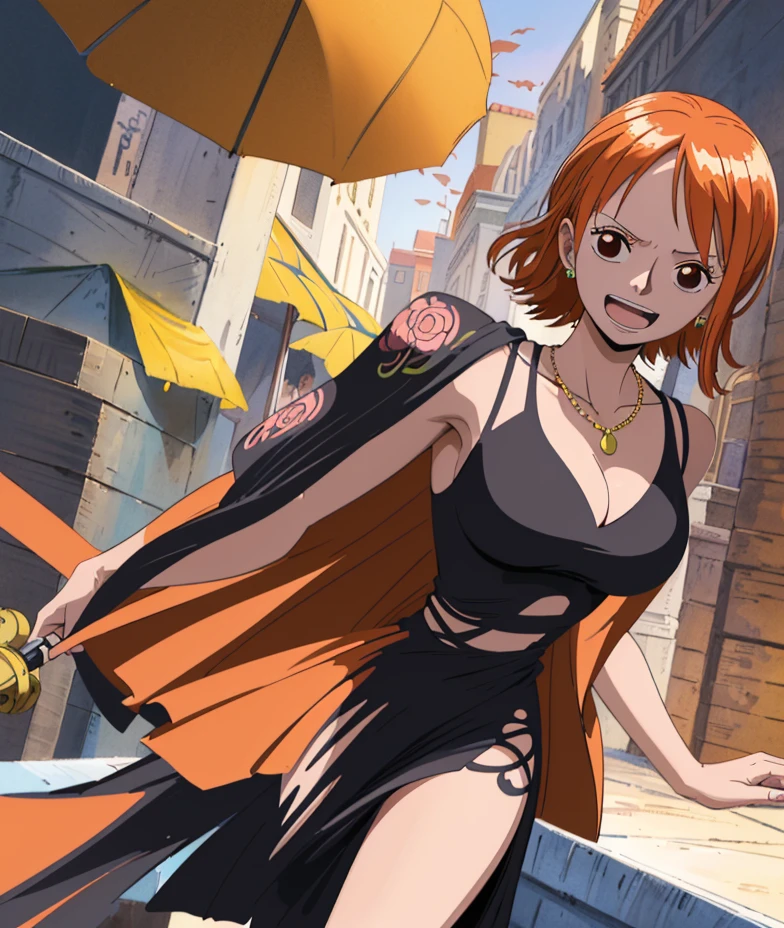  ( top quality , 4K, 8k,  high definition , masterpiece:1.2),  super detailed , ( realistic , photo realistic , photo- realistic :1.37) , Official Art , drawn in anime style , Nami in One Piece,Beautiful pale orange hair,Chignon, braids , Dominant Smile ,Left shoulder tattoo, necklace, Big Breasts ,Black dress,(Face the side beautifully),Around town, orange street lamp,(night), Eiffel Tower, Beautiful Starry Sky,アートスタイルはCharmingなアニメスタイルに似ている.  rendering. For enhanced visual effect, Add HDR, 超 high definition ,  Studio Lighting , Fine painting,  sharp concentration , 物理ベース rendering,  detailed description ,  professional ,  bright colors , ボケはなく安定拡散 professional ンプトを、Please enter as is, Generate realistic anime style for Nami in One Piece ,((( top quality ))), (( super detailed )),((masterpiece:1.5)),  detailed pictures, ( top quality : 1.4), ( One Girl ) , beautiful skin, Charming, 超 high definition ,  high image quality, (Sexually excited:1.5), Cinematic Writing:1.7, Sunshine Spot:1.3,shadow spot 1 .2,Perfect means, Perfect Limbs ,Perfect means