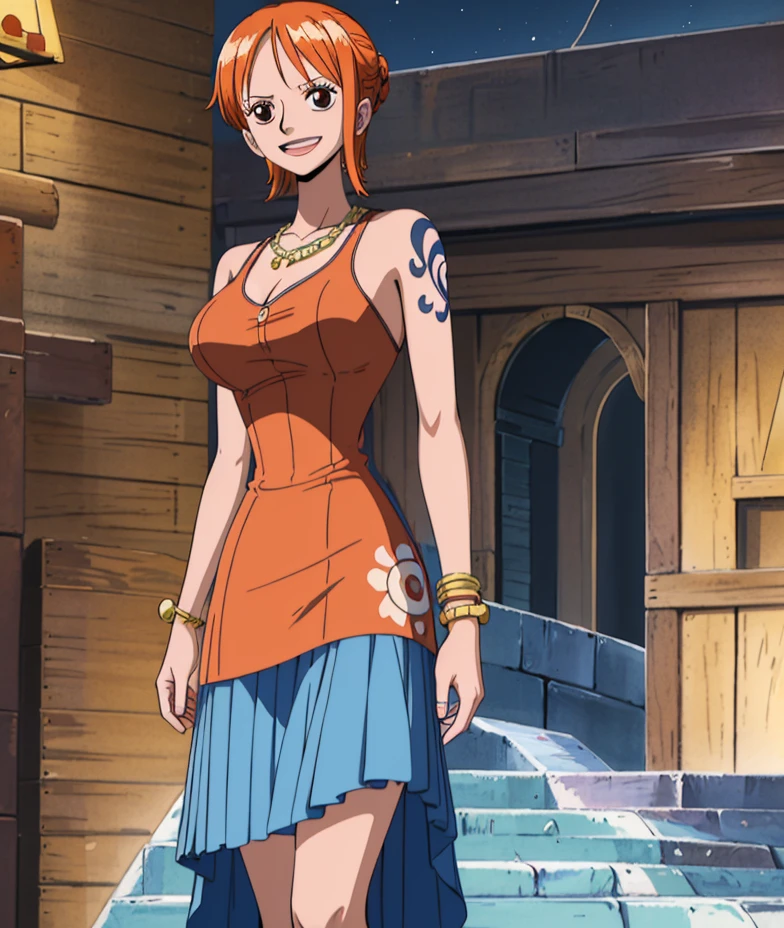  ( top quality , 4K, 8k,  high definition , masterpiece:1.2),  super detailed , ( realistic , photo realistic , photo- realistic :1.37) , Official Art , drawn in anime style , Nami in One Piece,Beautiful pale orange hair,Chignon, braids , Dominant Smile ,Left shoulder tattoo, necklace, Big Breasts ,Black dress,(Face the side beautifully),Around town, orange street lamp,(night), Eiffel Tower, Beautiful Starry Sky,アートスタイルはCharmingなアニメスタイルに似ている.  rendering. For enhanced visual effect, Add HDR, 超 high definition ,  Studio Lighting , Fine painting,  sharp concentration , 物理ベース rendering,  detailed description ,  professional ,  bright colors , ボケはなく安定拡散 professional ンプトを、Please enter as is, Generate realistic anime style for Nami in One Piece ,((( top quality ))), (( super detailed )),((masterpiece:1.5)),  detailed pictures, ( top quality : 1.4), ( One Girl ) , beautiful skin, Charming, 超 high definition ,  high image quality, (Sexually excited:1.5), Cinematic Writing:1.7, Sunshine Spot:1.3,shadow spot 1 .2,Perfect means, Perfect Limbs ,Perfect means