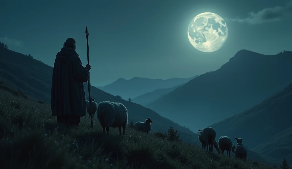 A shepherd with a staff ,  watching over his sheep in the hills of a dark valley.  The moonlight shines dimly ,  illuminating the quiet sheep . The atmosphere is calm, but with a touch of mystery.  The shepherd has a serene expression ,  his presence is solid and protective ,  as a silent promise .
