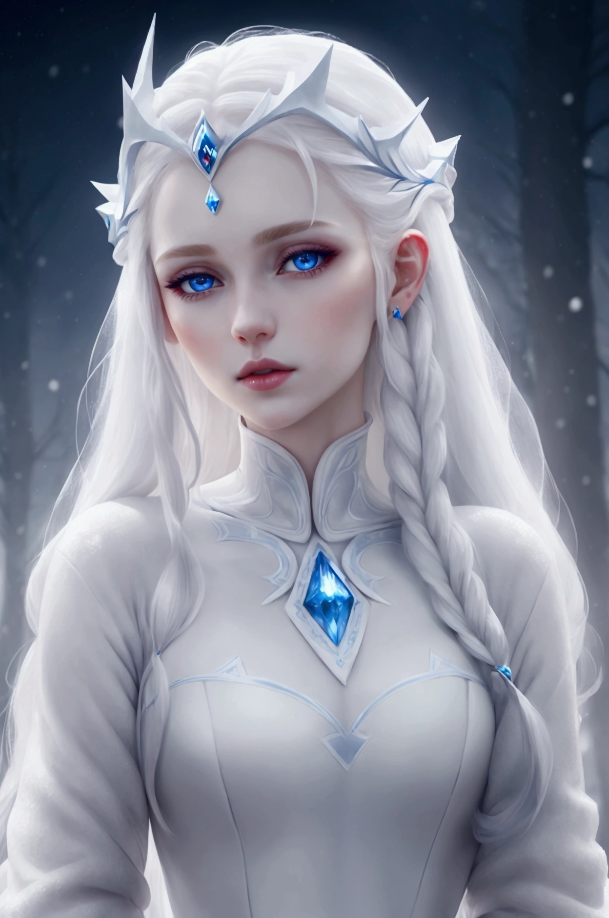 masterpiece, (best quality:1.2), (ultra-detailed:1.2), illustration, (an extremely delicate and beautiful:1.2),cinematic angle,floating, (beautiful detailed eyes:1.1), (detailed light:1.1),cinematic lighting, beautifully detailed sky, girl, white hair, blue eyes, (high ponytail:1.1), cloak, glowing eyes, (moon:1.2), (moonlight:1.1), starry sky, (lighting particle:1.1), fog, snow painting, sketch, bloom