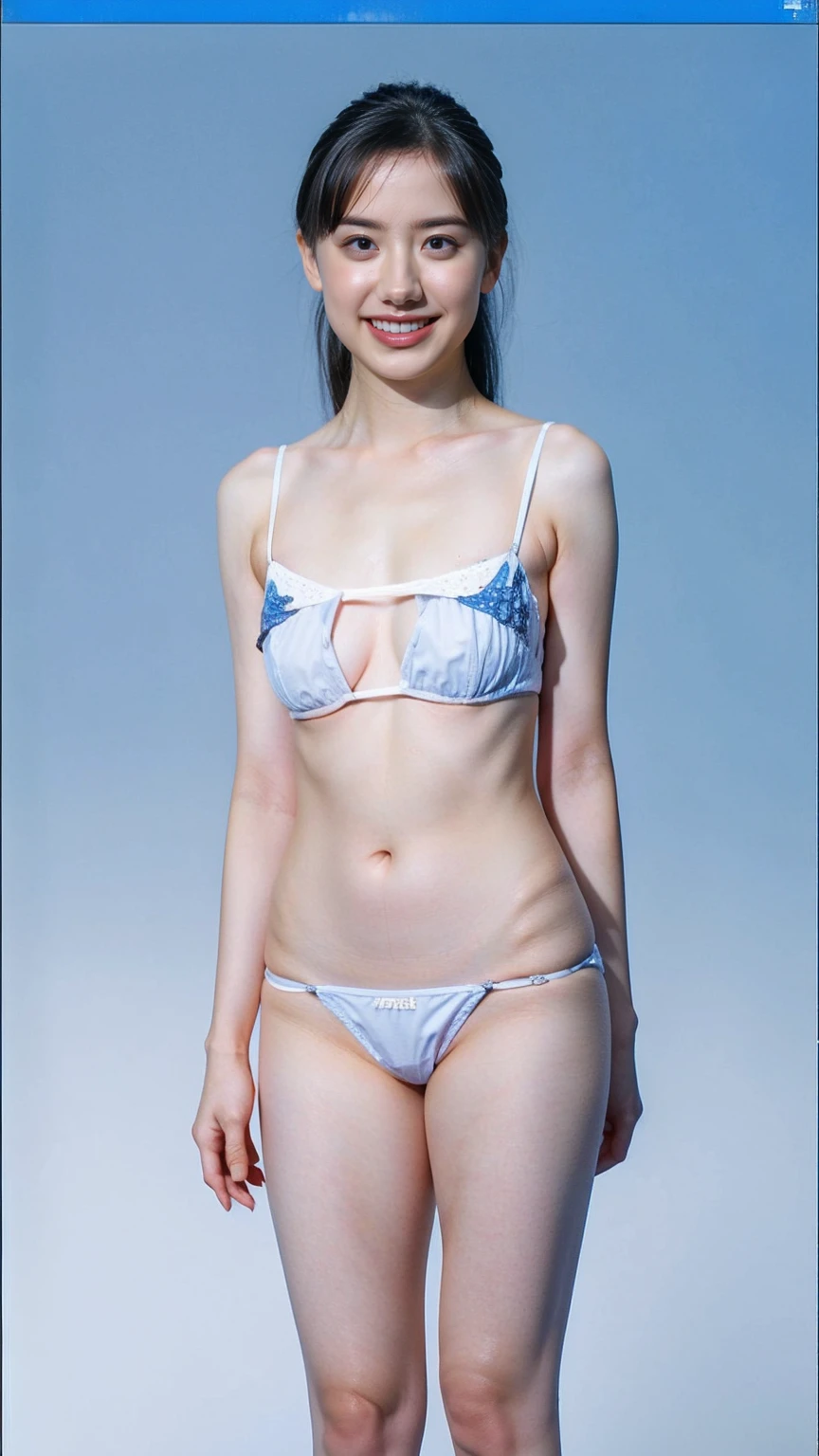 Two 18-year-old, Japanese  girls, 110 cm tall and small titsed, (Flat chest), are walking to school wearing Baby blue micro mini, Baby blue micro mini tank tops, ((navel-baring)), (Baby blue bra, Baby blue panties), and Walking to school with a randoseru,
