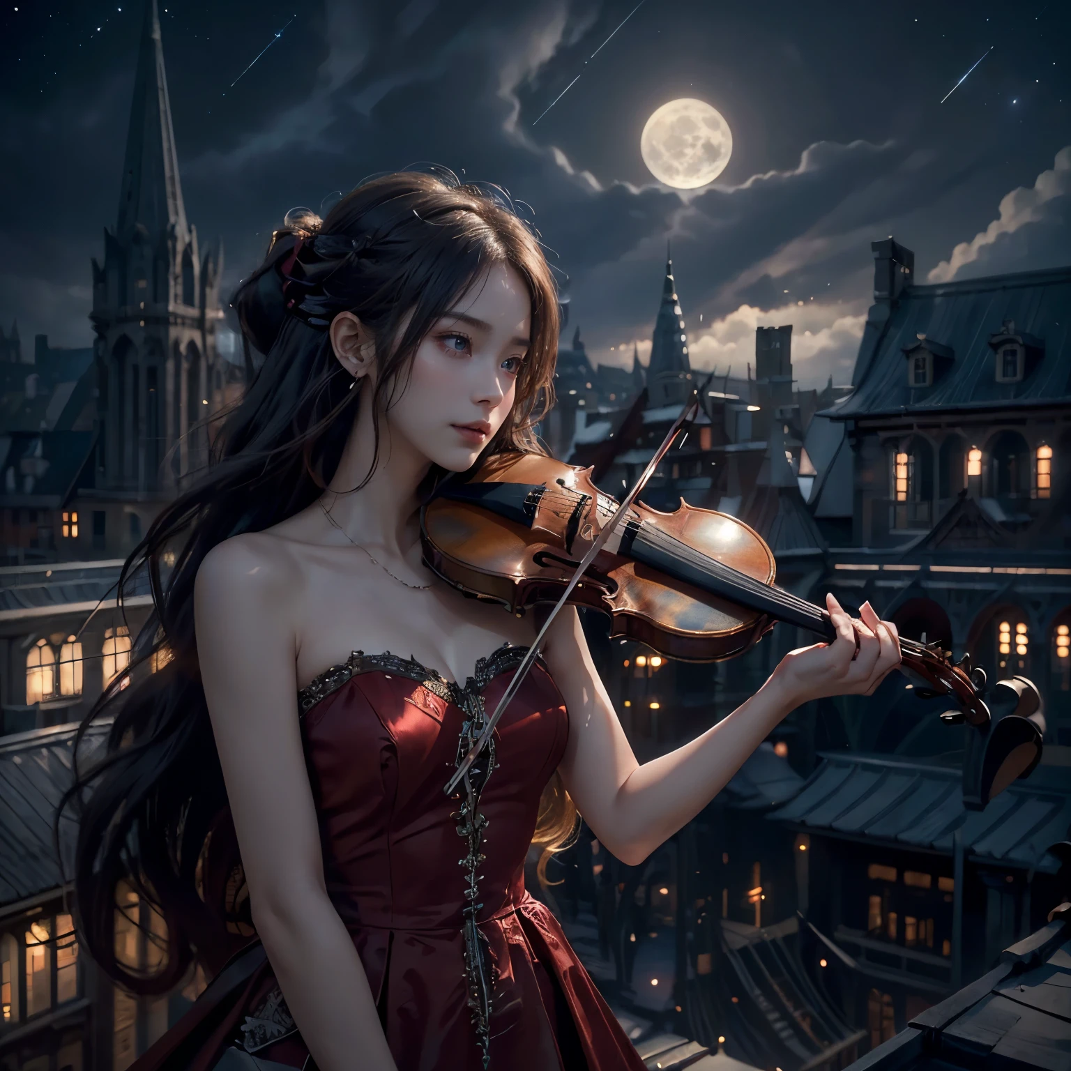 ((best quality)) ((real)) ((amazing)) (8k), ultra high resolution, (real:1.4), realistic image, realistic photo, solo girl, ((gorgeous red dress)), cute girl, (long hair, cute hairstyle, nervous expression), long and beautiful fingers, ((looking at violin)), young, smiling, ((playing violin)), ((rooftop of huge building)), (full moon in night sky:1,6), (beautiful violin), ((moonlight)), (glowing skin), realistic, dramatic lighting, soft light, (RAW photo, best quality, masterpiece:1.2), (real:1.4), (masterpiece:1.4), (movie scene)