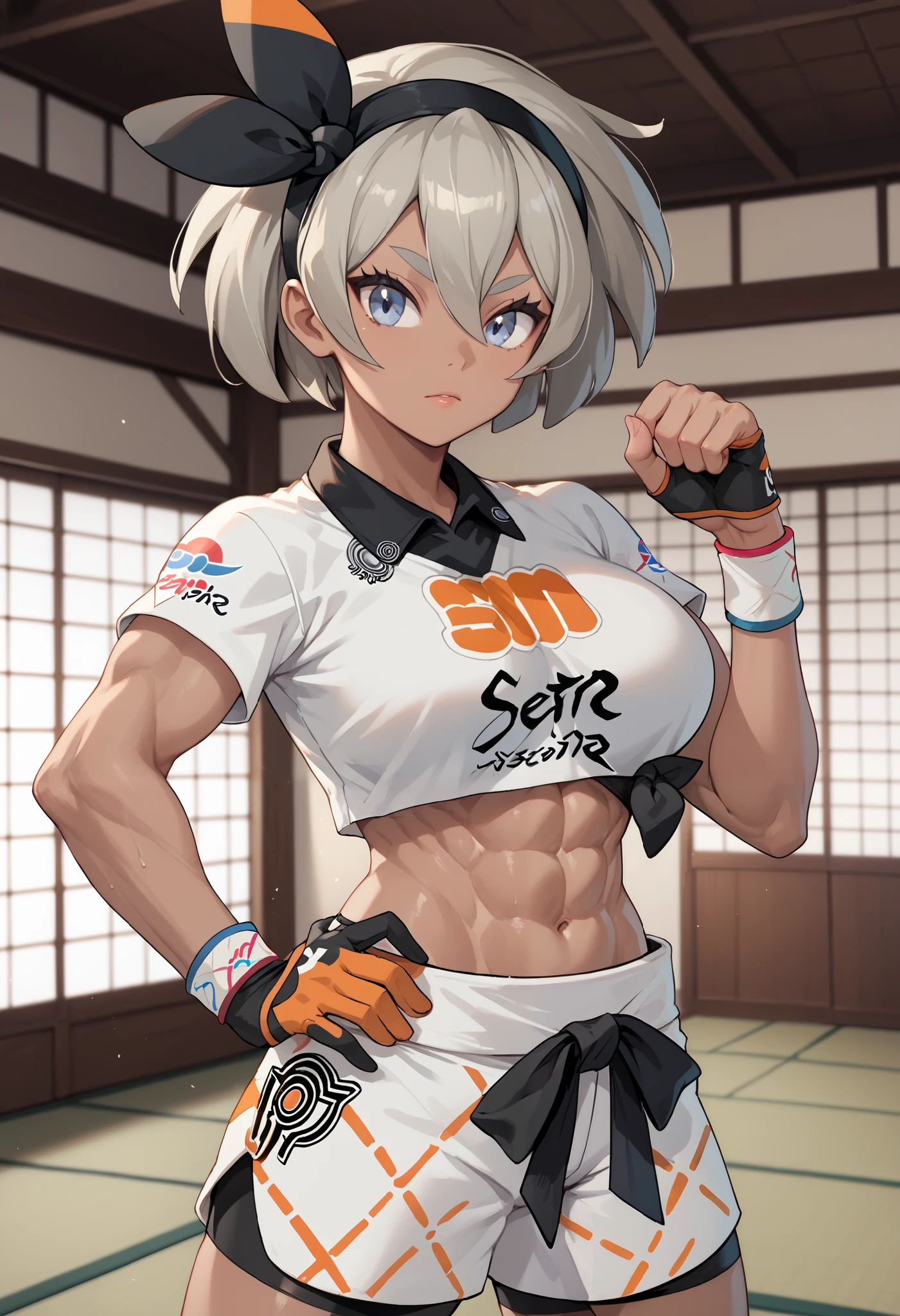pokemonbea, blue eyes, tan skin, tan-skinned female, grey hair, hair between eyes, short hair, ribbon, hair ribbon, hairband, black ribbon, black hairband,midriff, shorts, single glove, glove, crop top, white shirt, short sleeves, white shorts, cowboy shot, indoors, karate dojo, large breasts, muscular