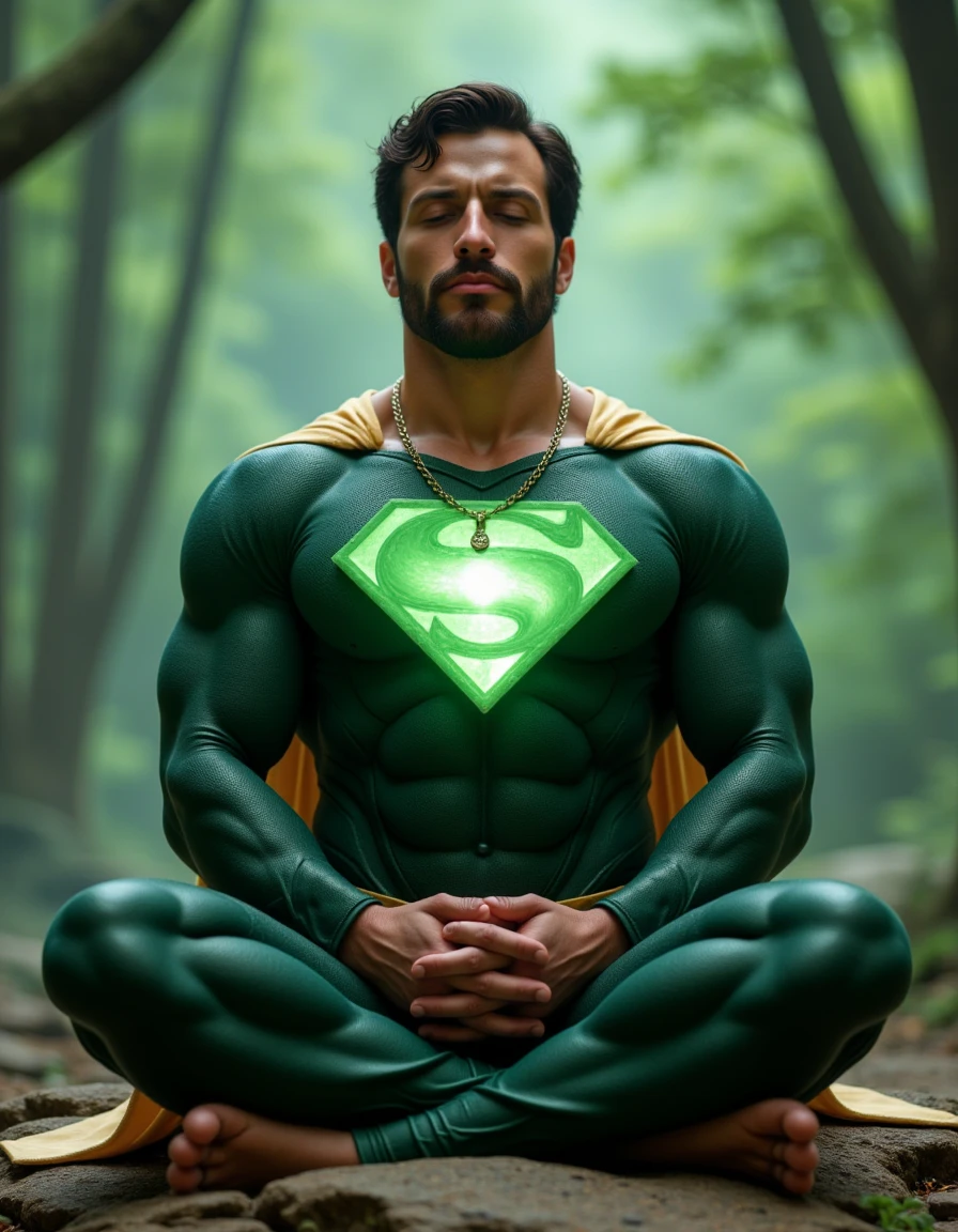 Zafer, eyes closed, a glowing emerald green crystal pendant hanging around his neck, Wearing a Superman suit