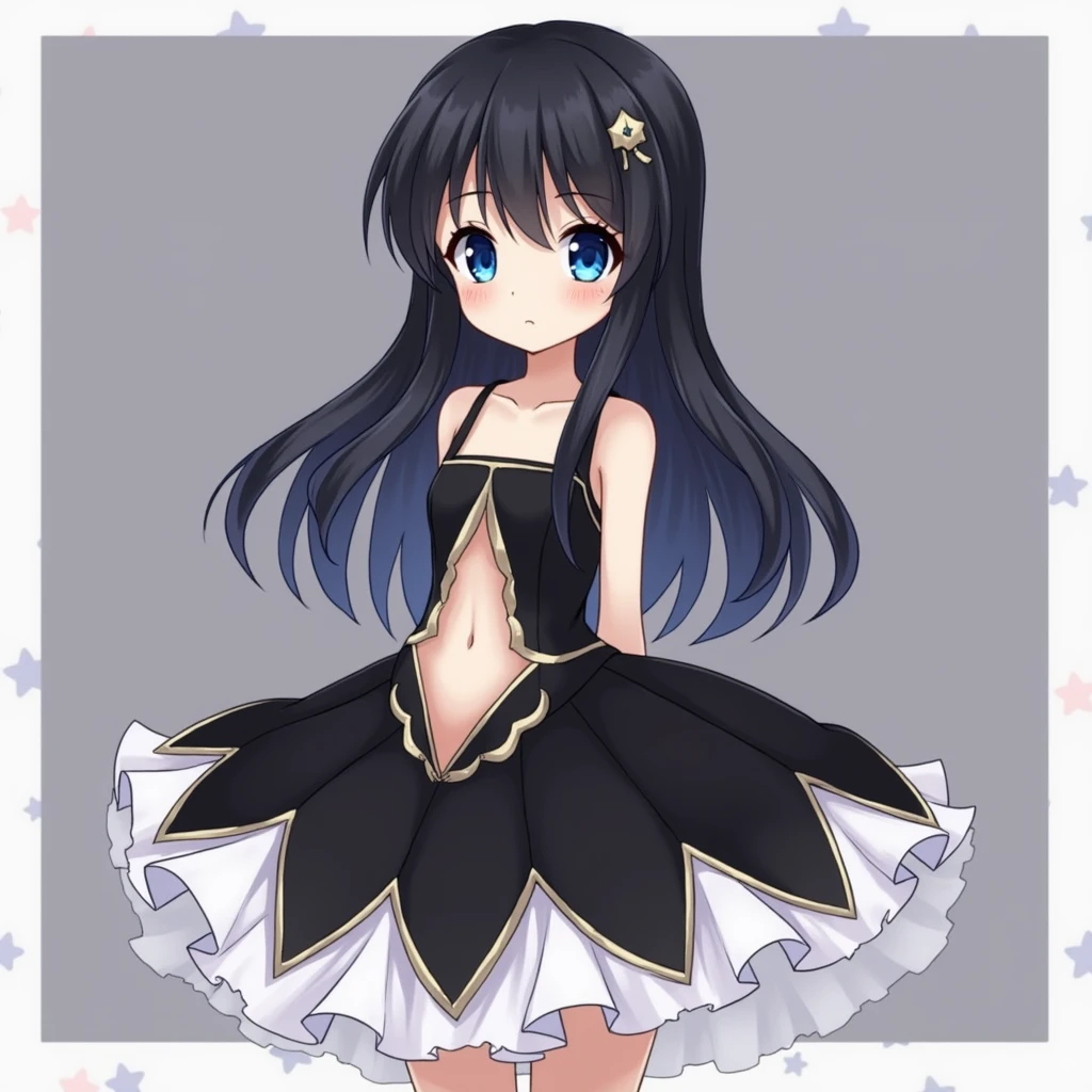 A little anime girl with blue eyes and long black hair wearing an ...
