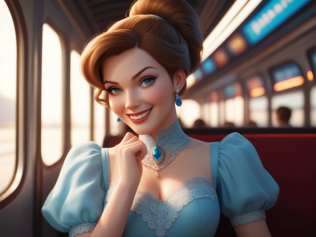 Prompt: A 15-year-old girl in 18th-century European style, with long brown hair tied in a neat ponytail, wearing a beautiful light blue dress with lace details. The girl confidently walking towards the train, a determined smile on her face as she prepares for her journey.
Lighting: Bright sunlight, symbolizing hope and courage.
Style: Disney style, inspiring and uplifting.