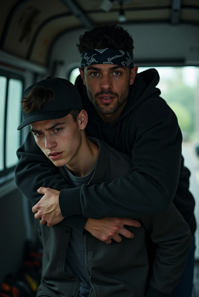 Teen Boy wearing blue hoodie and black pants brown shoes with mask on and fingerless gloves kidnapping teen boy