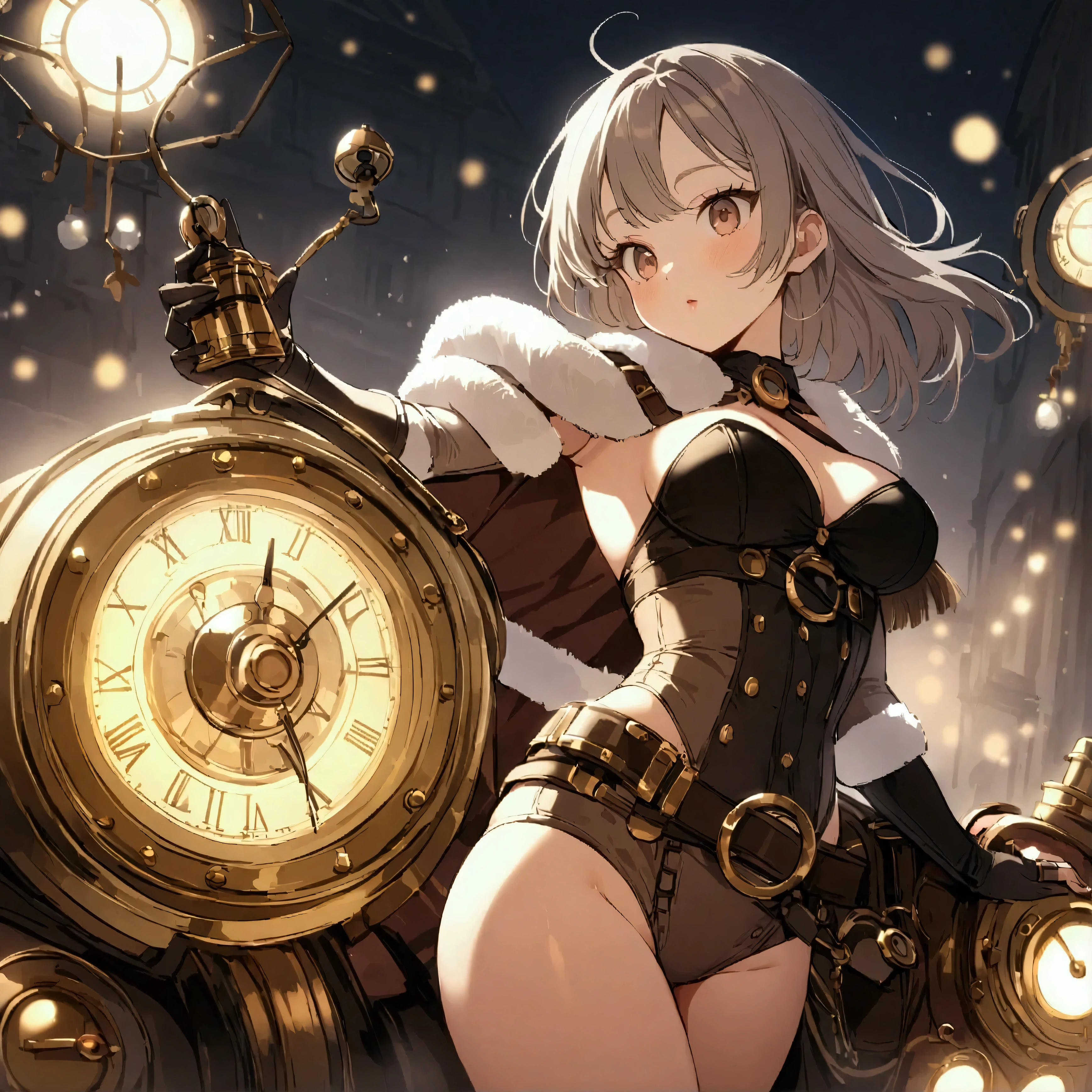 A cute woman (cute, age 22, role of a steam punk explorer, sexy costume, many gadgets and clockwork doohickeys) she is riding on her clockwork steam driven Christmas tortoise, winter wonderland
