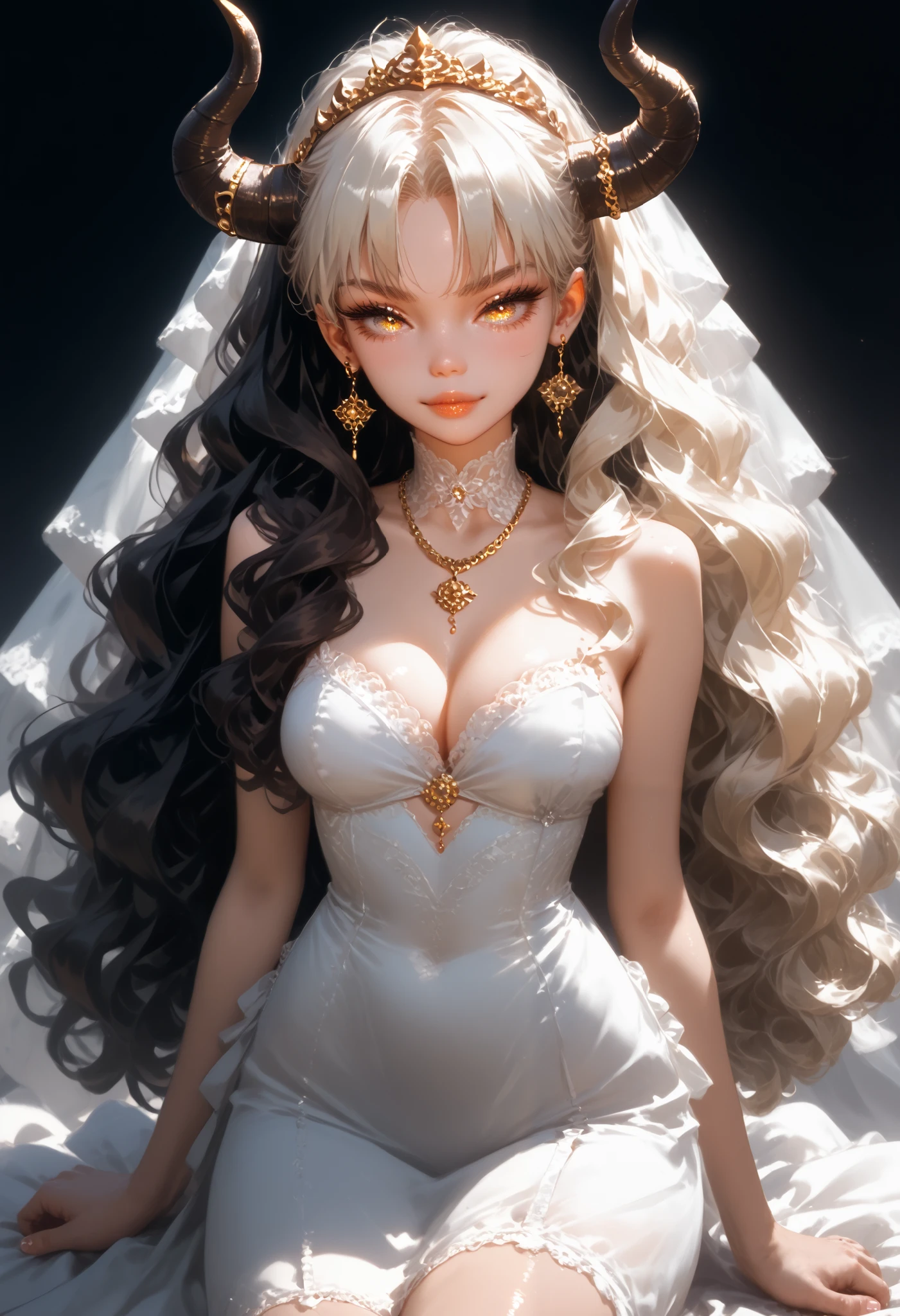 The character is a light brunette and has a striking and fanciful look. She has long, wavy hair , in white color, with some lighter shades . Your eyes have a golden hue, that stand out. The ears are pointed , suggesting a mystical or supernatural ancestry , and it has small horns on the top of her head detail .
Her costume is a combination of elegance and sensuality , characterized by a long white dress , with a deep neckline that highlights her silhouette . The dress seems to be made of a light fabric , allowing movement and fluidity . Furthermore, there is one on the leg that seems a tattoo or mark , adding a touch of personality .
She also wears an accessory around the neck , that can be a delicate chain , and her feet are bare , which gives an impression of freedom and connection with the earth . Her expression is confident , which contributes to the enchanting aura and Powerful that emanates .