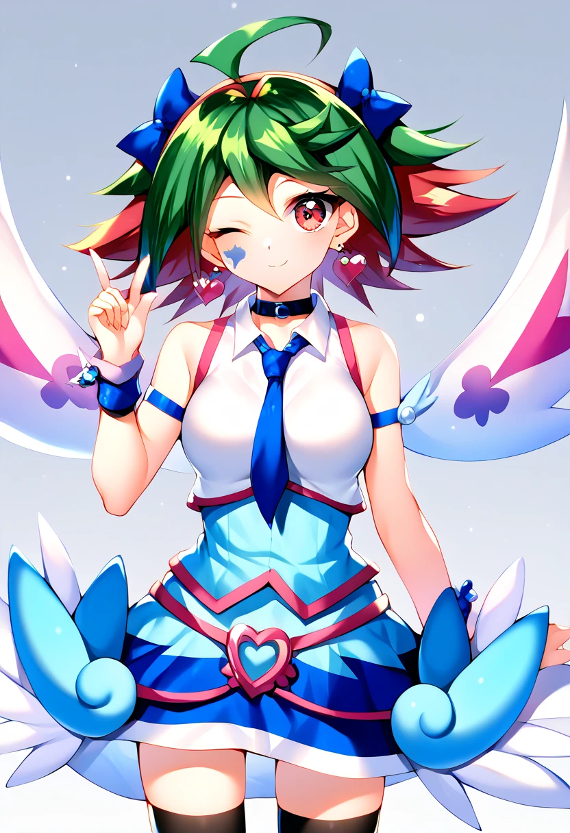 score_9, score_7_up, hd, (ultra hd quality details), source_anime, gradient background, solo, standing,skirt, 1girl, solo, yuya,  red hair, solo, ahoge, goggles, googles around neck, green hair, bangs, dyed bangs, red eyes, choker, multicolored hair, pendant, jewelry, spiked hair, belt, smile, wink,
bow, heart, earrings, heart earrings, heart hairhair bow, blue bow, tattoo, facial tattoo, breasts, medium breasts, shirt, skirt, thighhighs, jewelry, wings, necktie, sleeveless, choker, bracelet, blue skirt, zettai ryouiki, sleeveless shirt, blue necktie, blue thighhighs, cuffs, wrist cuffs, front view, facing viewer, cowboy shot, blue angel, yu-gi-oh!,

