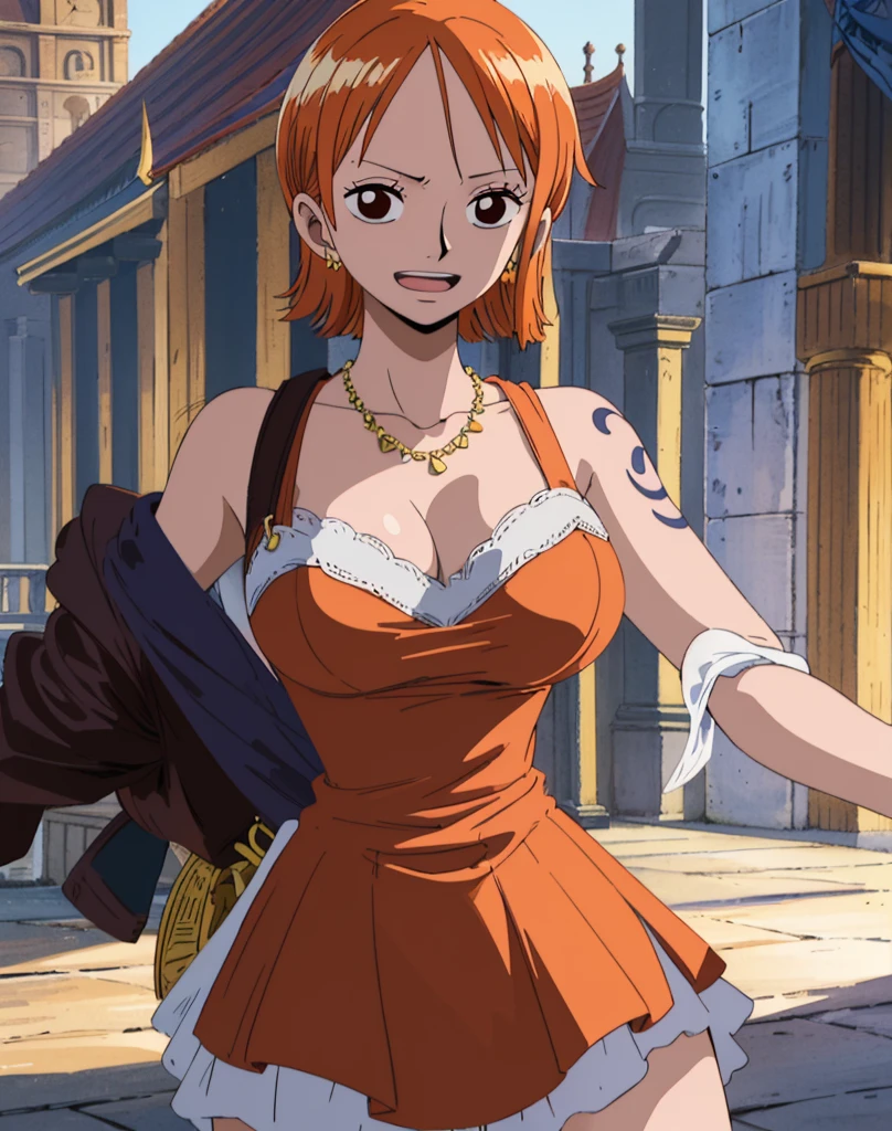  ( top quality , 4K, 8k,  high definition , masterpiece:1.2),  super detailed , ( realistic , photo realistic , photo- realistic :1.37) , Official Art , drawn in anime style , Nami in One Piece,Beautiful pale orange hair,Chignon, braids , Dominant Smile ,smile,Left shoulder tattoo, necklace, Big Breasts ,A gorgeous purple dress,( jump),Around town, orange street lamp,(night), Eiffel Tower, Beautiful Starry Sky,アートスタイルはCharmingなアニメスタイルに似ている.  rendering. For enhanced visual effect, Add HDR, 超 high definition ,  Studio Lighting , Fine painting,  sharp concentration , 物理ベース rendering,  detailed description ,  professional ,  bright colors , ボケはなく安定拡散 professional ンプトを、Please enter as is, Generate realistic anime style for Nami in One Piece ,((( top quality ))), (( super detailed )),((masterpiece:1.5)),  detailed pictures, ( top quality : 1.4), ( One Girl ) , beautiful skin, Charming, 超 high definition ,  high image quality, (Sexually excited:1.5), Cinematic Writing:1.7, Sunshine Spot:1.3,shadow spot 1 .2,Perfect means, Perfect Limbs ,Perfect means