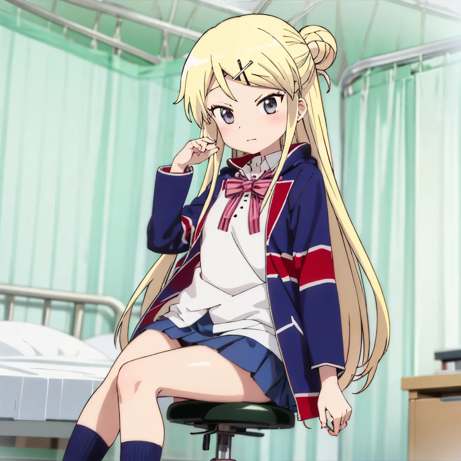 KUJO KAREN UNION JACK JACKET, a girl in a miniskirt in the infirmary, STRIPED BOW, WHITE SHIRT, LONG SLEEVES, PLEATED SKIRT, BLUE SKIRT, KNEEHIGHS, SNEAKERS