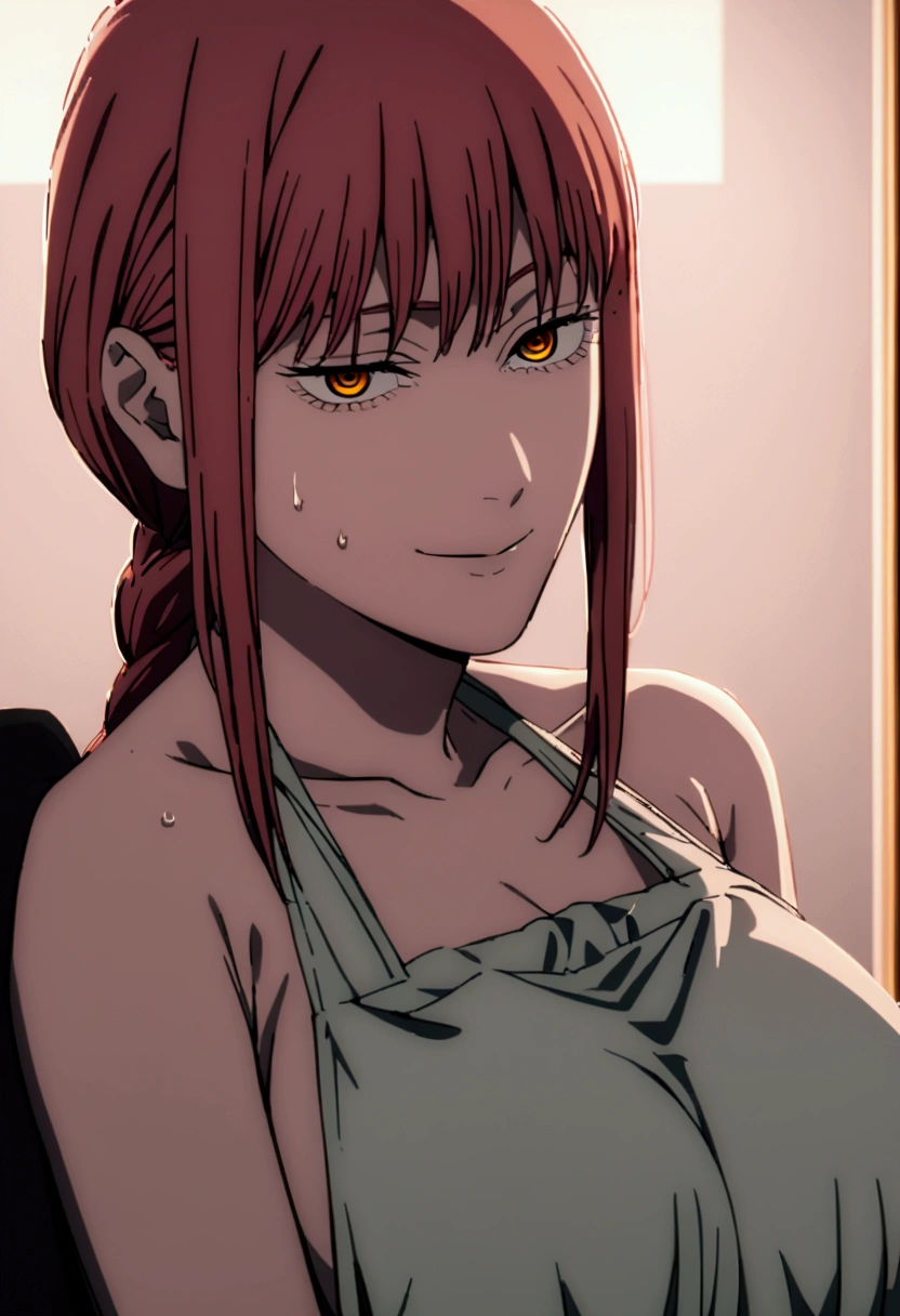 Makima from the anime chainsaw man with big boobs naked and only wearing a apron holding a feeding bottle and looking to the camera with a naughty face and heavy breathing and sweating from hot