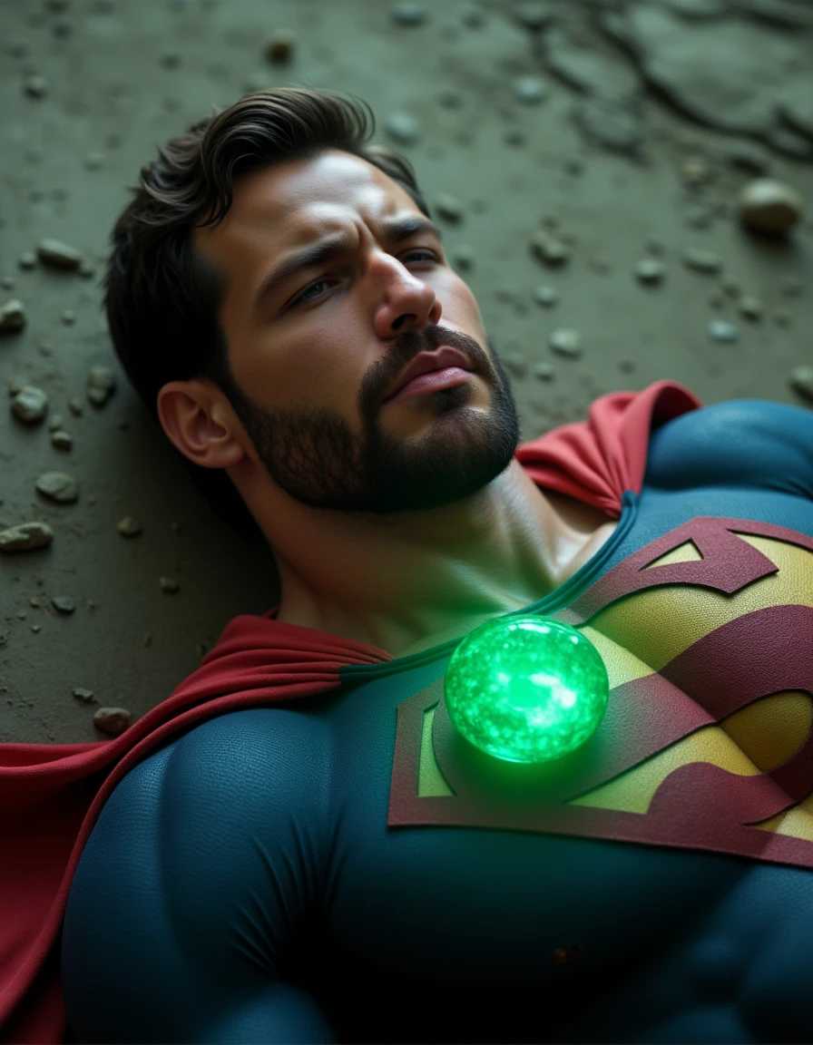 Zafer, eyes closed, lying on the ground, pained facial expression, a glowing emerald green crystal pendant hanging around his neck, Wearing a Superman suit