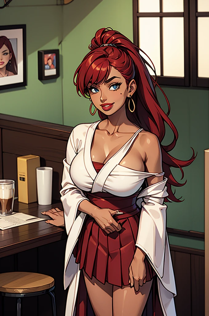 1girl, modern fantasy, small sultry japanese woman with tanned skin, tan skin, 18 years old, short height, (breast implants), huge (round fake tits), deep v-cleavage, wavy (crimson hairs) with side bang, very long high ponytail, (white kimono top), long sleeves, ((very long (green pleated) skirt:0.7)) with (side_slit:1), crimson obi, vibrant blue eyes, mischevious smile, mole under right eye, loop earrings, red lips, full lower lip, (full lower lip),  flirting in a coffee shop, assertive, crimson hairs, ((green) pleated skirt)