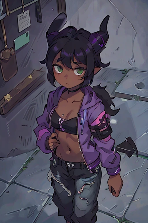 (Masterpiece) (High Detail) (High Res) (Black Skin) Looking from above A young black humanoid FutEred with dark skin and ebony flesh and green eyes and short black hair and goat ears and short dark goat horns and a toned teen body and small to average breasts dressed like a punk wearing a purple jacket and panties