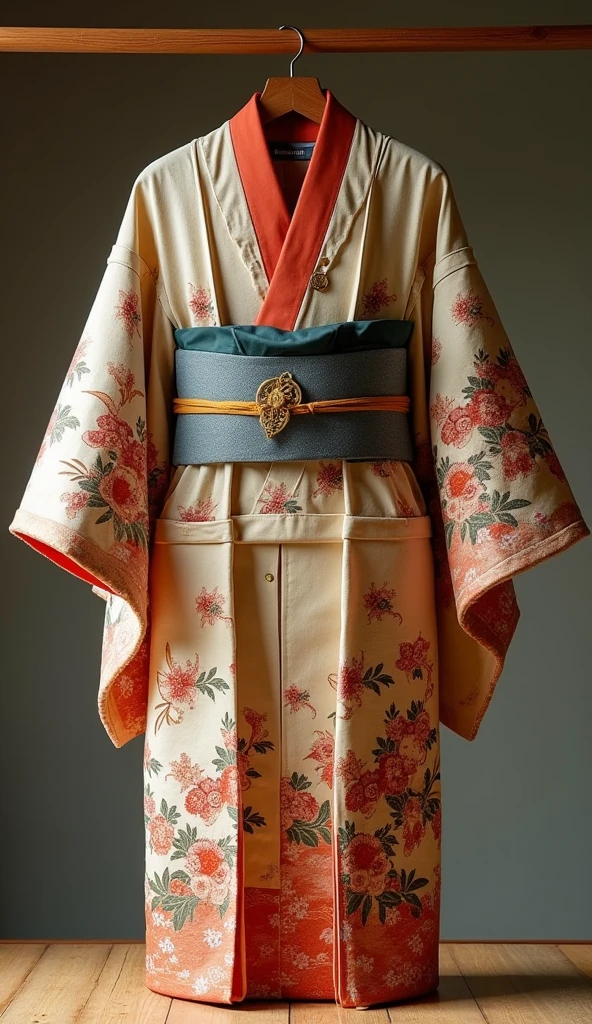 highly detailed realistic japanese yukata, old and antic,  hangs on a special hanger showing its full shape, bueatiful ornaments, expensive material,  ultra-detailed, photo-realistic, masterpiece