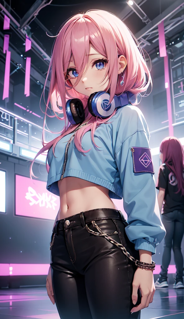 A pink-haired。length hair。Twin-tailed。shortpants。parka。耳Nipple Ring。Heart-shaped chest。Heart logo。huge smile。Game Center。headphones。a navel。Futomo。Navel Ejection。