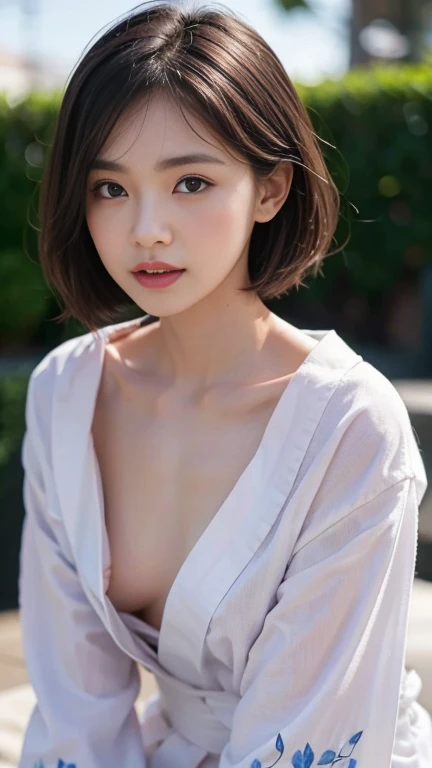 (masterpiece, highest quality:1.4), Beautiful Face, 8k, 85mm, Absurd, (white floral yukata:1.2), Face close-up, violet, Gardenia, Delicate woman, alone, night, View your audience, Upper Body, Film Grain, chromatic aberration, Sharp focus, Face Light, Professional Lighting, Sophisticated, (smile:0.4), (Simple Background, Bokeh Background:1.2), detailed aspects,(Show one breast:1.2)((flat chest:1.2), 