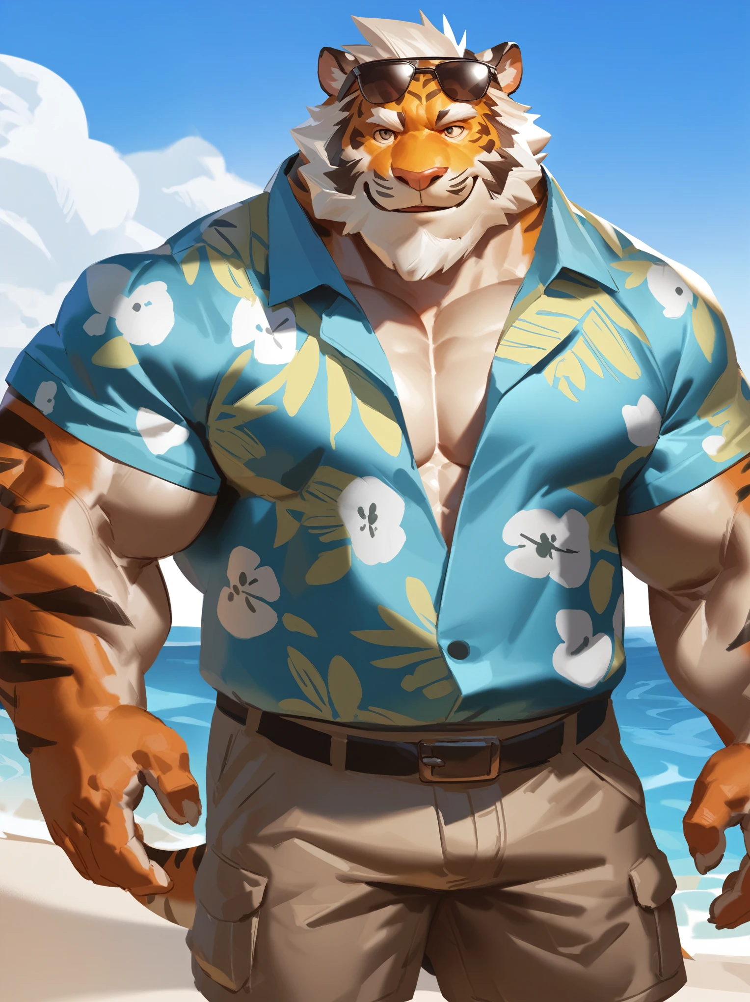 1boy, 1man, solo, a potrait (furry Tiger), (face, detailed face, bearded, white beard, thick mustache), (sunglasses), beach, extremely huge muscular, massive muscular , sixpack , (Hawaiian shirts, cargo shorts), well-muscled old man. ((extremely muscle size, super thick arms, huge pec, hyper pec, bigger chest, extremely wide pectoral , huge arms)), wide smiling. Add textures and details to make the image more realistic, such as the appearance of the. Make sure the resulting image is high resolution, 8K quality