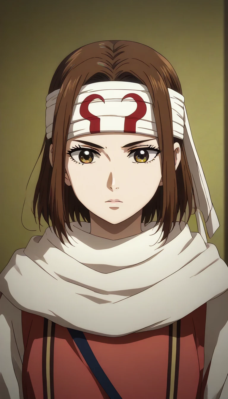 brown hair golden eyes   ((docile)) masterpiece, super detail, high details, high quality, best quality, highres, 1080P, 8k, 16k brown eyes very accurate clothing sharp gaze score_9, score_8_up, score_7_up, ((cowl)) ((headband on forehead)) detailed clothing beautiful girl  ((((Izumi Nase))))