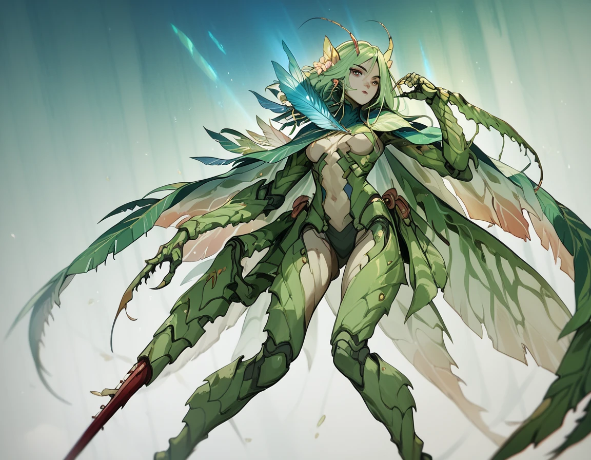 Humanoid mantis. Female. Green body. Weapon hands. Biomechanical body. Insect legs. Aurora feather cape.