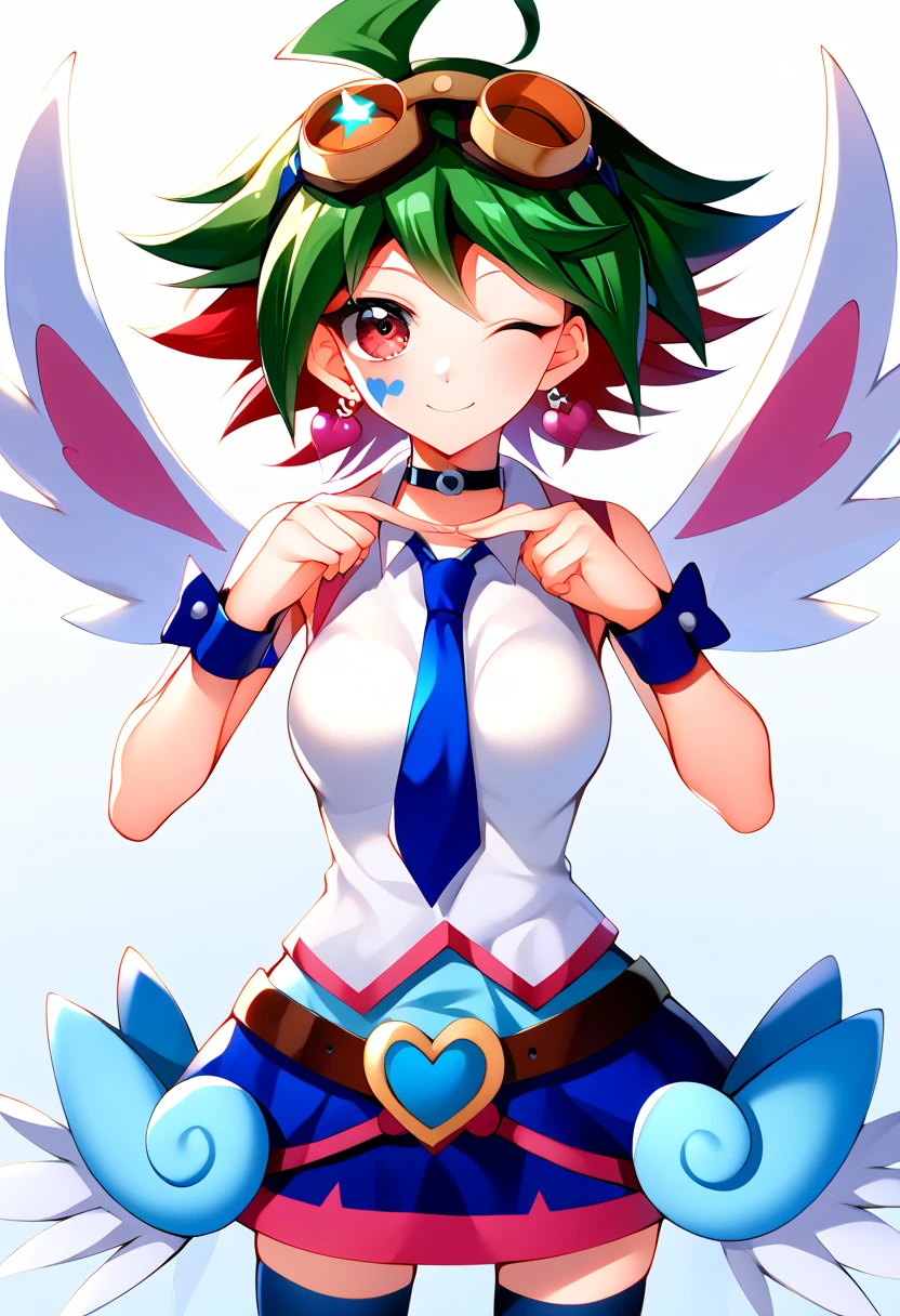 score_9, score_7_up, hd, (ultra hd quality details), source_anime, gradient background, solo, standing,skirt, 1girl, solo, yuya,  red hair, solo, ahoge, goggles, googles around neck, green hair, bangs, dyed bangs, red eyes, choker, multicolored hair, pendant, jewelry, spiked hair, belt, smile, wink,
bow, heart, earrings, heart earrings, heart hairhair bow, blue bow, tattoo, facial tattoo, breasts, medium breasts, shirt, skirt, thighhighs, jewelry, wings, necktie, sleeveless, choker, bracelet, blue skirt, zettai ryouiki, sleeveless shirt, blue necktie, blue thighhighs, cuffs, wrist cuffs, front view, facing viewer, cowboy shot, blue angel, yu-gi-oh!,

